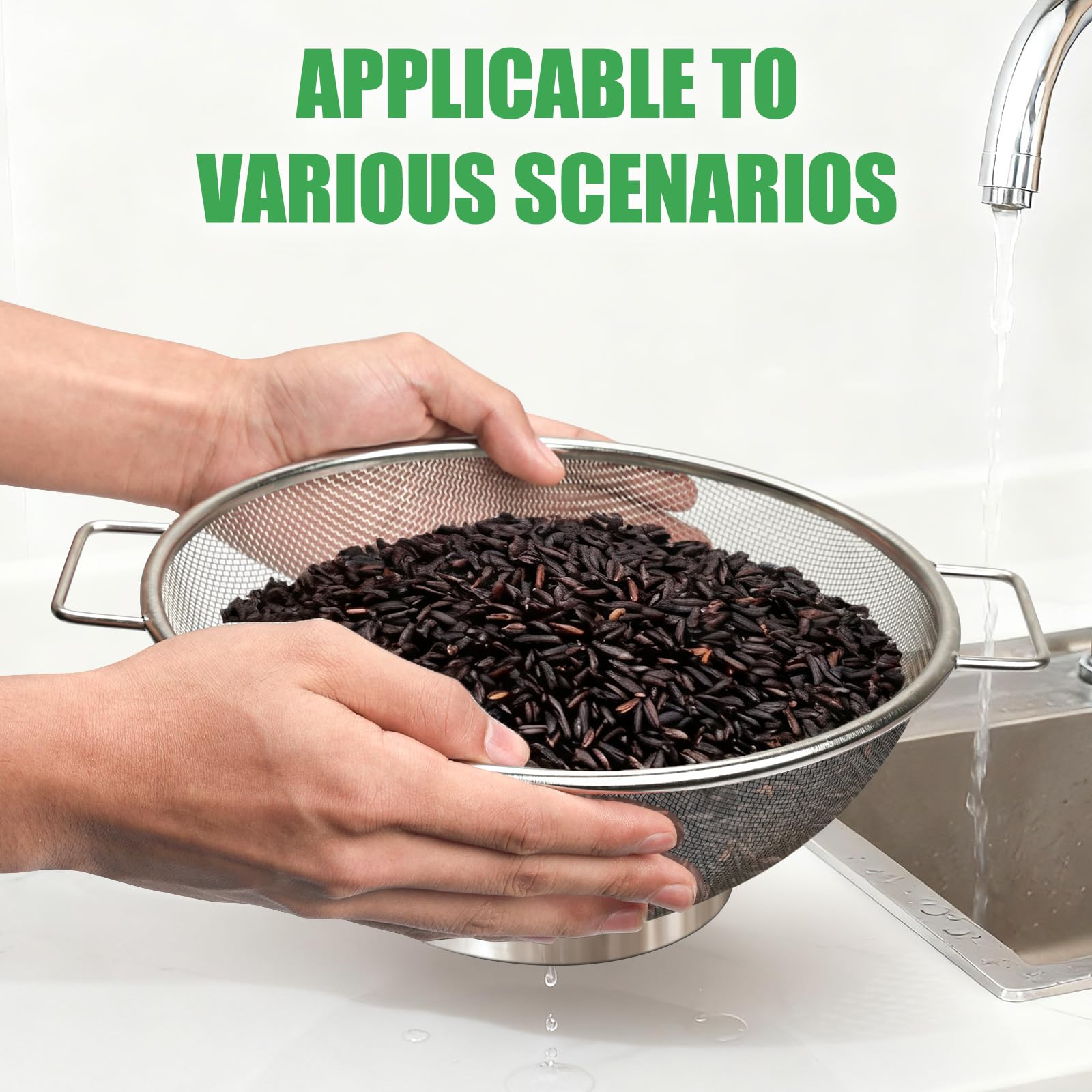 Set 3 Scolapasta in Acciaio Inox con Manici, Micro-Perforato per Drenaggio Veloce, Scolapasta per Pasta, Riso, Verdura e Frutta, Forte e durevole, Facile da Pulire (18/22/24 cm)