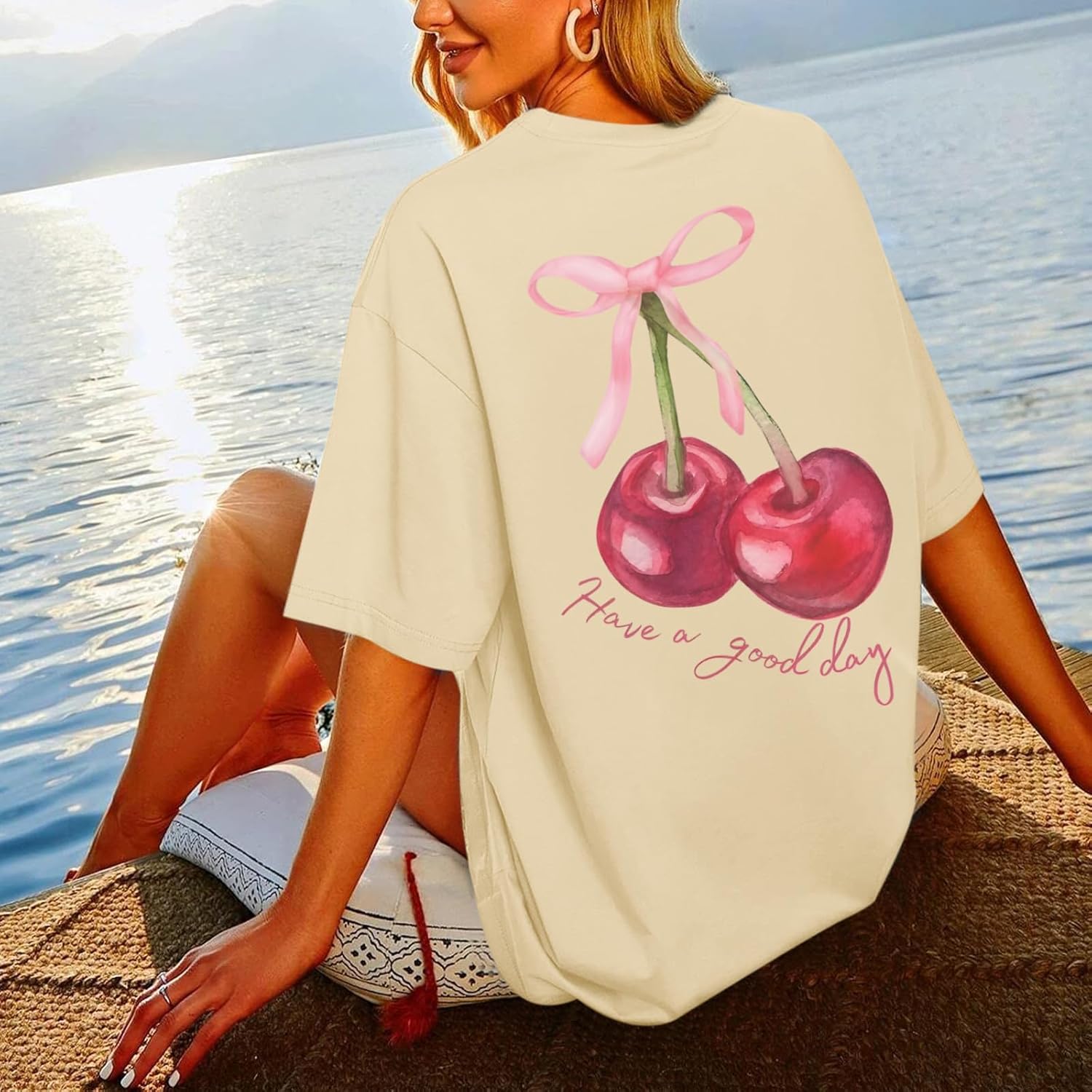 BINTEHGS Oversized Graphic Tees for Women Trendy Cherry Printed Shirt Cute Summer Aesthetic Cotton Tshirts Tops for Teens - Image 2
