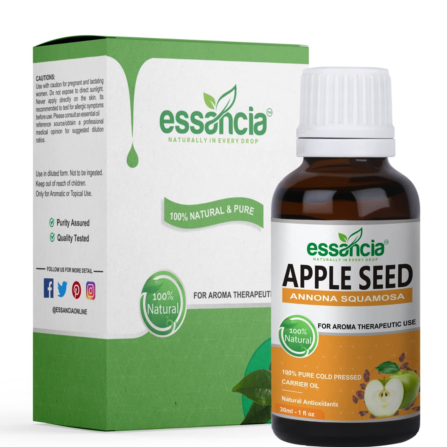 essancia - NATURALLY IN EVERY DROP Apple Seed Carrier Oil For Body Massage, Skin Care, Hair Care, Hair Growth, Face, Acne & Oily Skin. 100% Organic, & Pure Cold Pressed Carrier Oils.