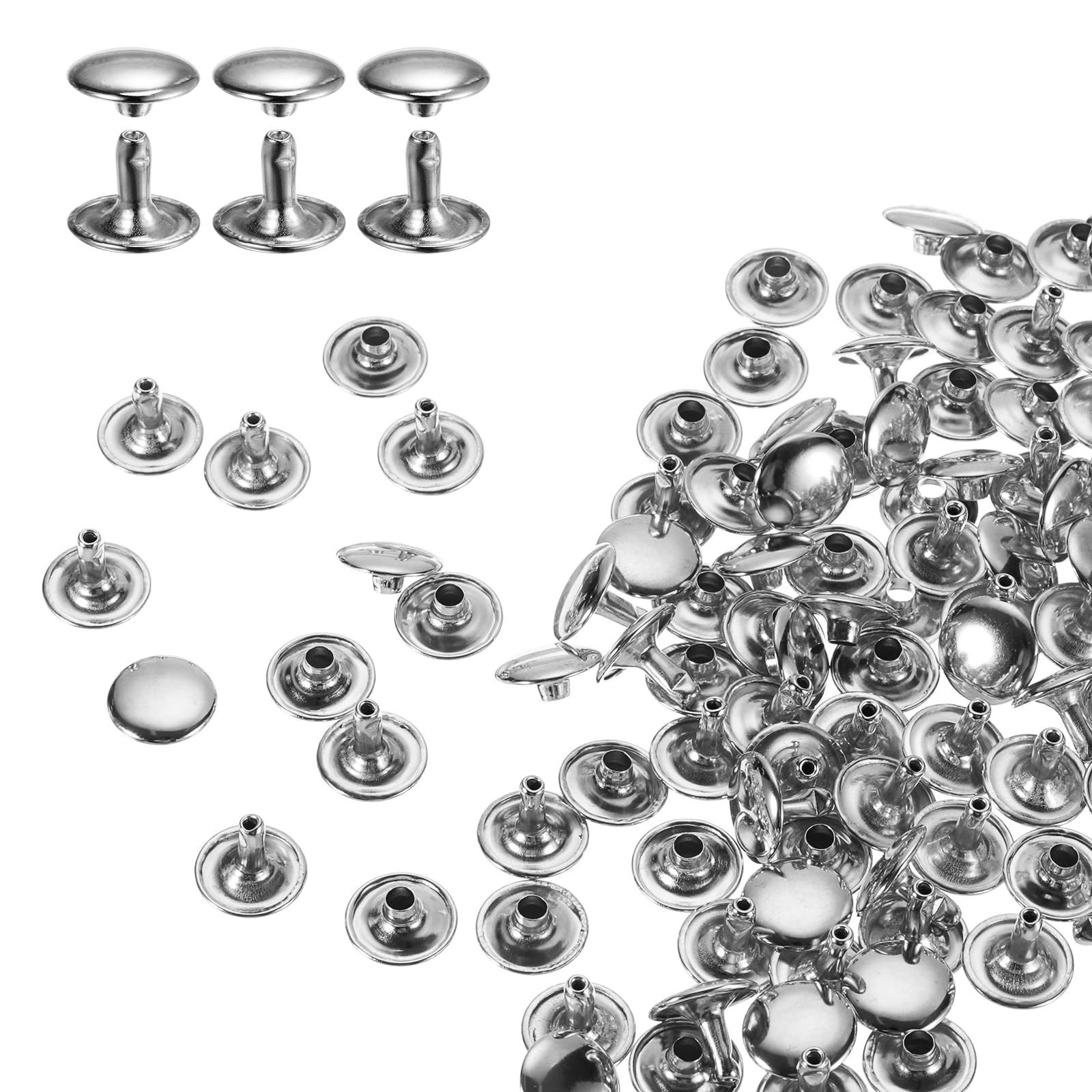 sourcing map 100 Sets Double Cap Rivets 12x10mm Carbon Steel Round Head Snaps Studs Fasteners Tubular Metal Studs for Leather Craft Repairs Decoration, Silver