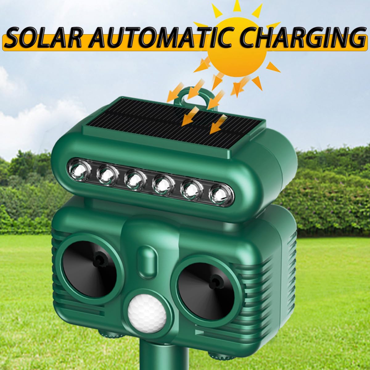 Repellente per gatti da giardino con ricarica solare, sensore di luce rossa, luce flash LED, 4 livelli regolabili, portata 8-12 metri per gatti, cani, volpi, uccelli
