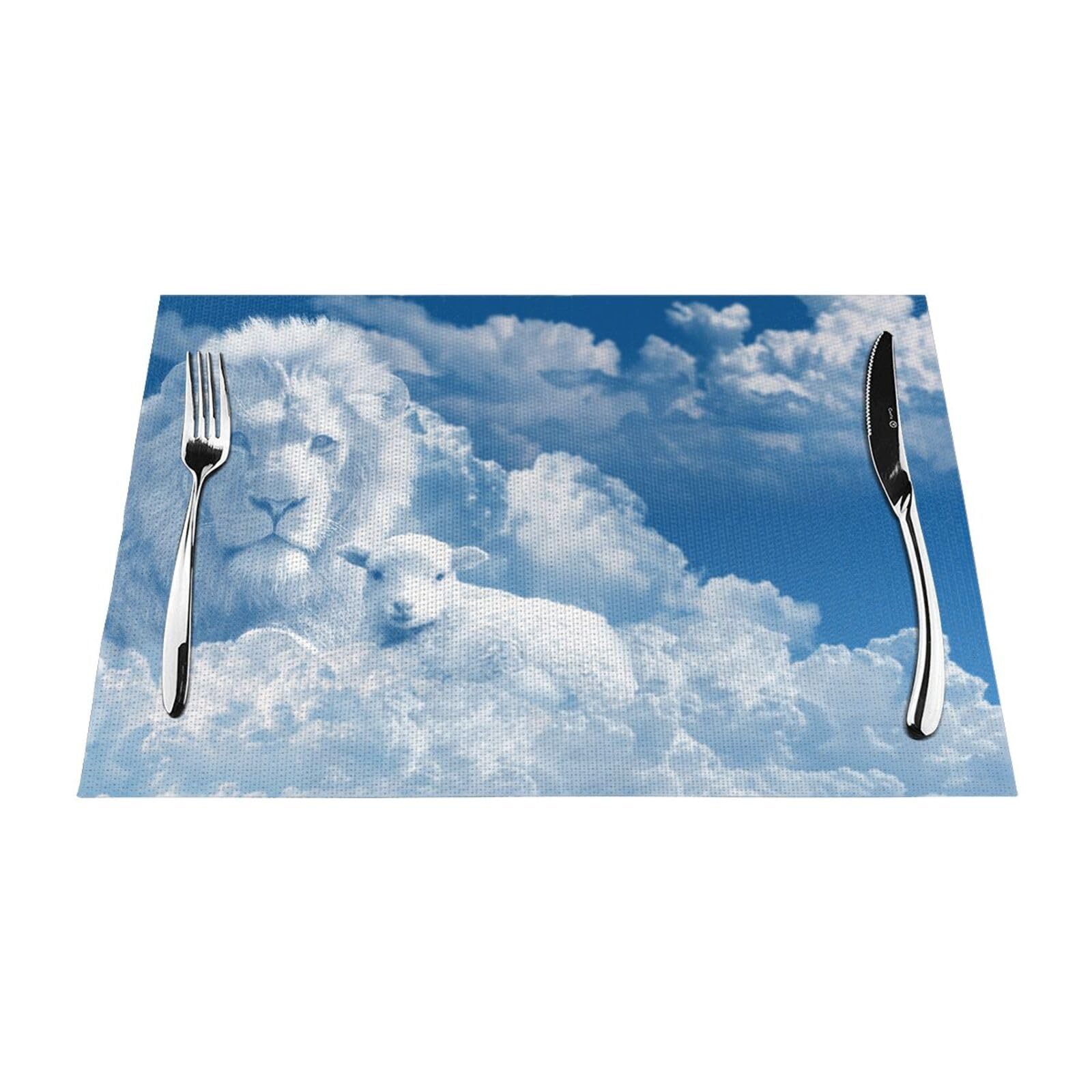PVC Placemat Set of 6 PCS, 45x30 CM, Lamb with A Lion On The Clouds Printed Non-Slip Heat Resistant Place Mats for Kitchen Dining Table Indoor Outdoor
