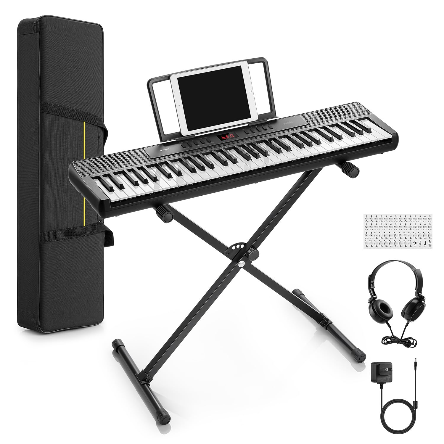 Donner Piano de teclado de 61 teclas, paquete de teclado eléctrico portátil, piano digital para principiantes con USB MIDI, altavoces integrados, auriculares, soporte X, bolsa de transporte, 300 tonos