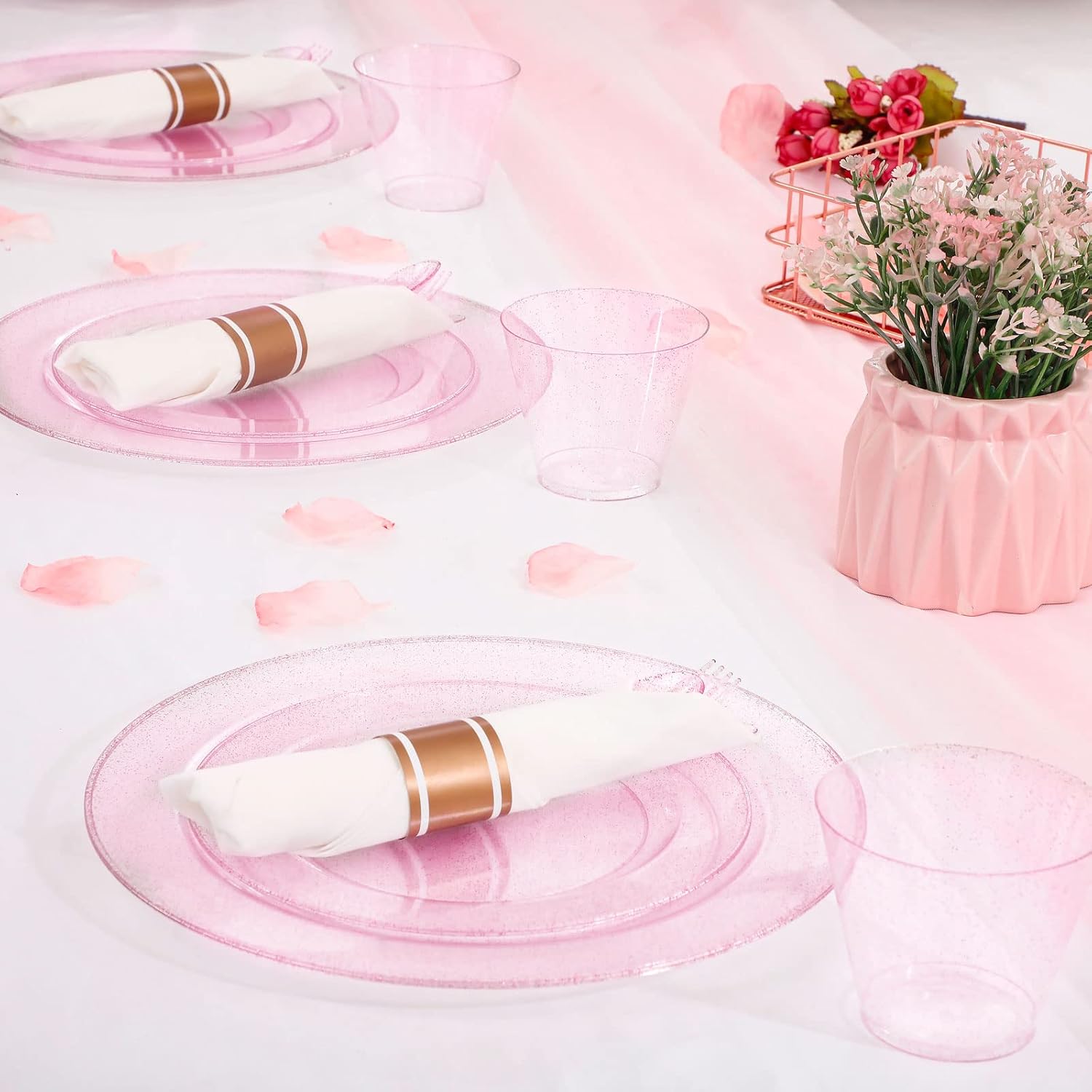 DaYammi 350PCS Rose Gold Glitter Dinnerware Set 50 Guest for Party- 50 Pink Plastic Dinner Plates, 50 Dessert Plates- 50 Per Rolled Napkins with Rose Gold Glitter Cutlery - 50 Cups 9 OZ - Image 7