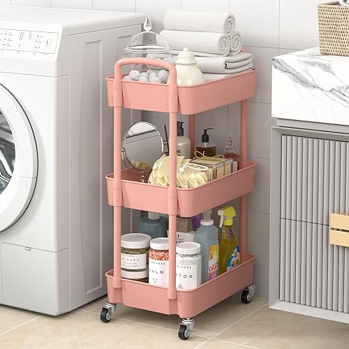 Miniatura 6 de Sywhitta Carrito utilitario de plástico de 3 niveles con asa, carrito de almacenamiento multifuncional para oficina, sala de estar, cocina,