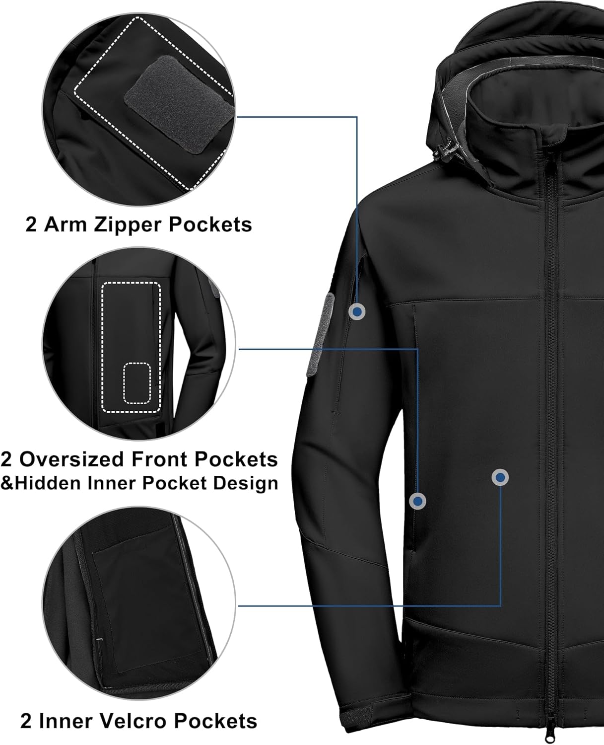 Little Donkey Andy Men's Softshell Jacket Hooded Light Waterproof Tactical Jacket Fleece Windbreaker Jackets with 8 Pockets - Image 3