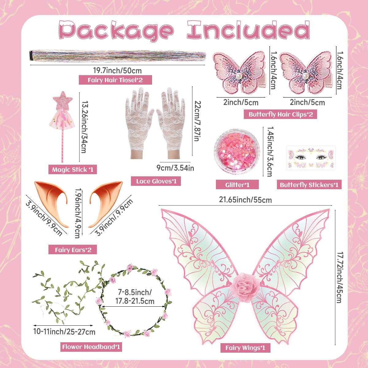 Fairy Wings for Adults Women Floral Garland Star Wands Hair Tinsel Elf Ears Fairy Costume Halloween Cosplay 13PCS Pink - Image 2