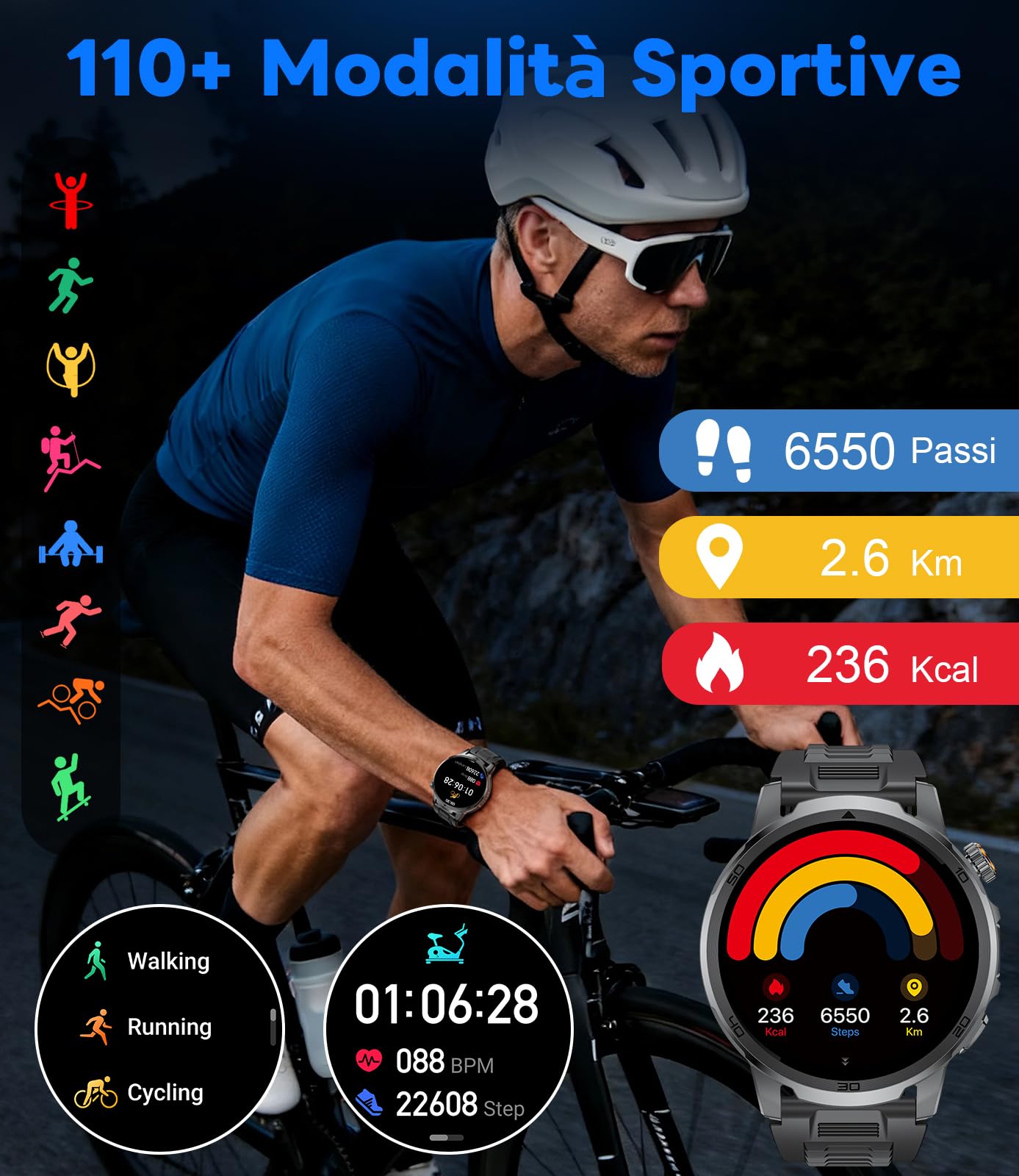 Smartwatch Uomo Militare, 1000 mAh, Touchscreen HD 1,85", Luce LED, Funzione Telefono, Monitoraggio Cardiaco/Sonno, IP68, 110+ Modalità Sportive, Compatibile iOS/Android