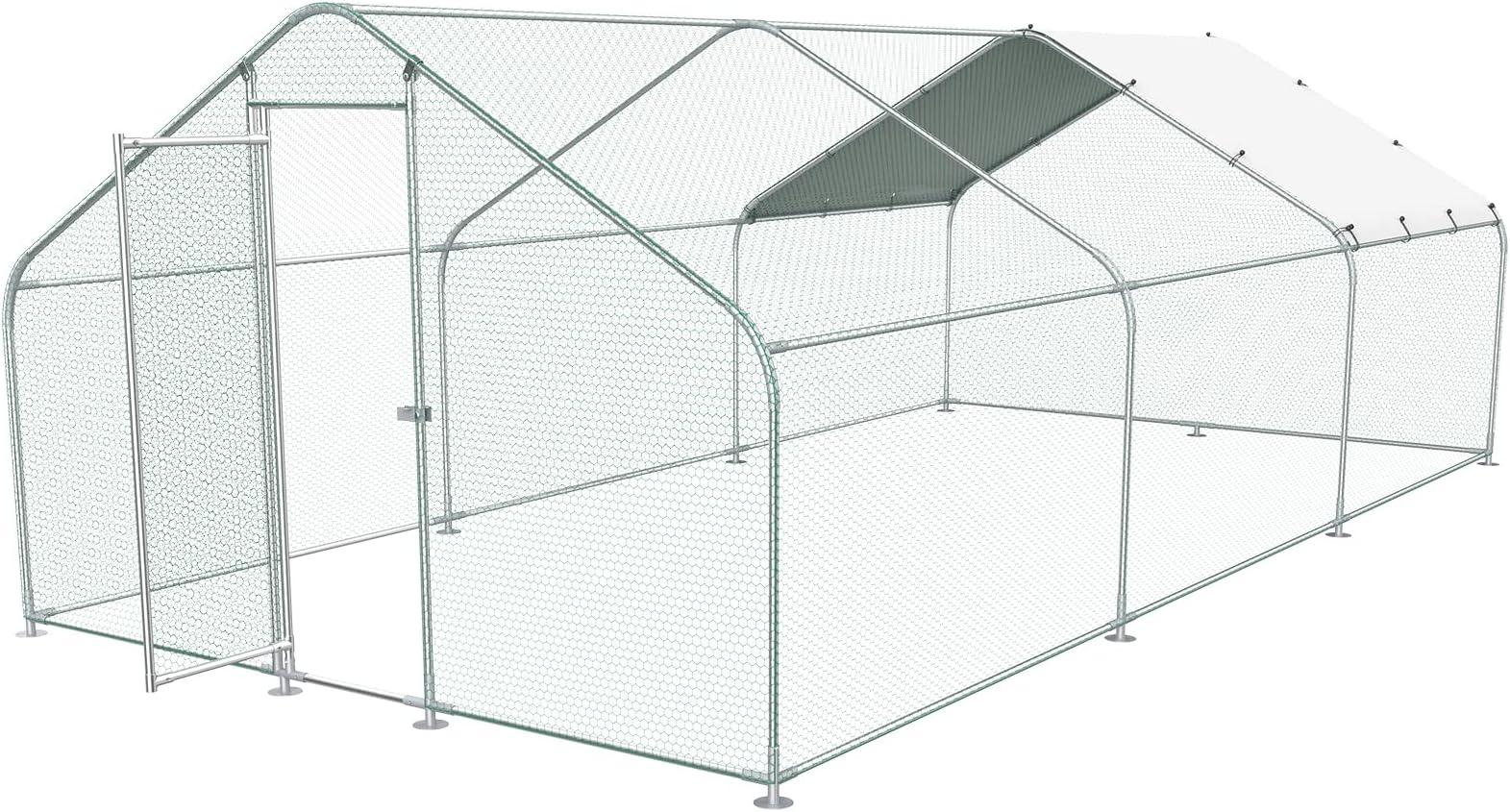 UnovivyLarge Metal Chicken Coop, Outdoor Walk-in Poultry Cage Hen Run House Rabbits with Waterproof Cover and Secure Lock for Outside,Backyard and Farm (10'Lx20'W x6.56'H), Silver