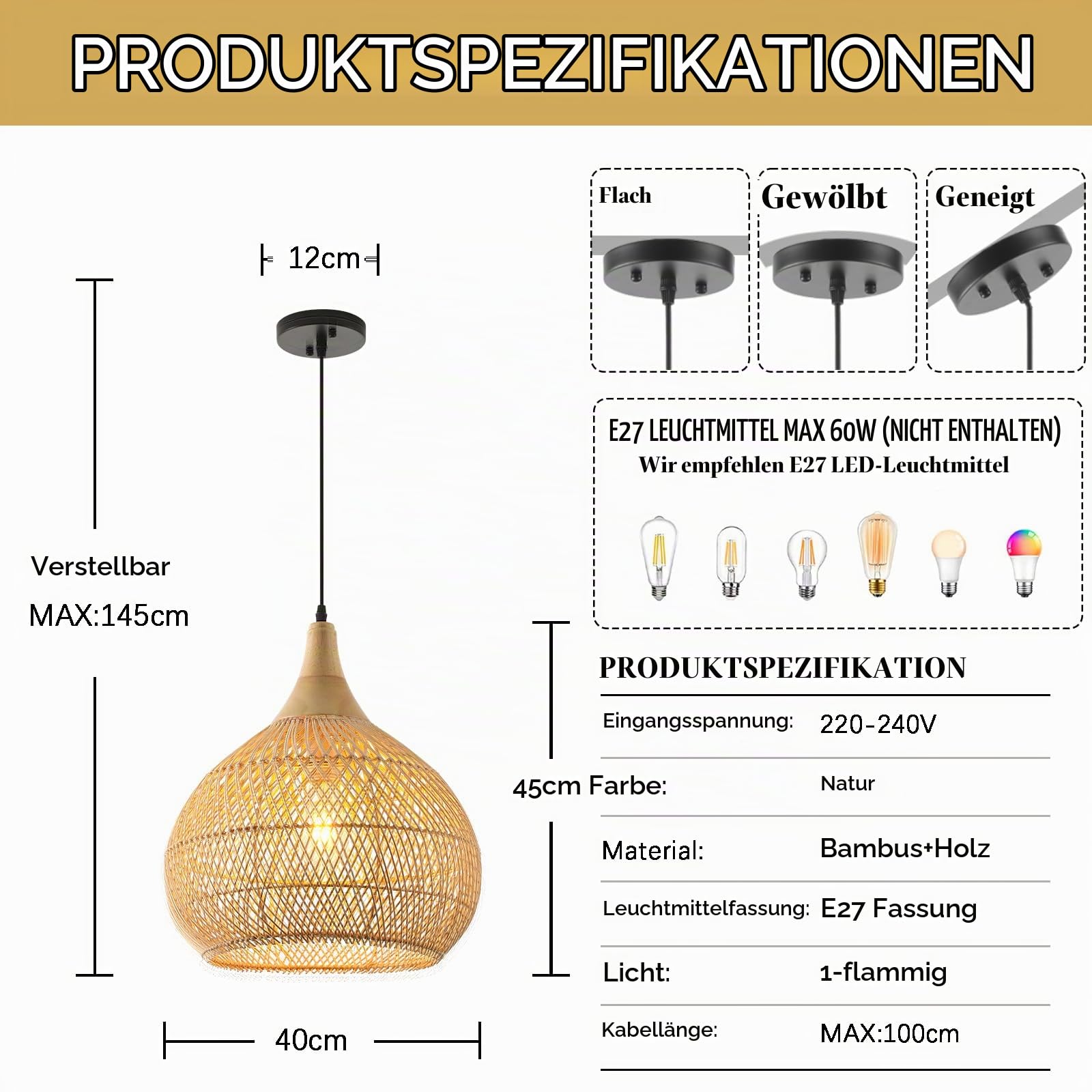 Bambus Lampenschirm,Holz NatüRlich HäNgelampe E27 Boho Wohnzimmerlampe Handgewebt Vintage Schlafzimmerlampe FüR KüChe Esstisch