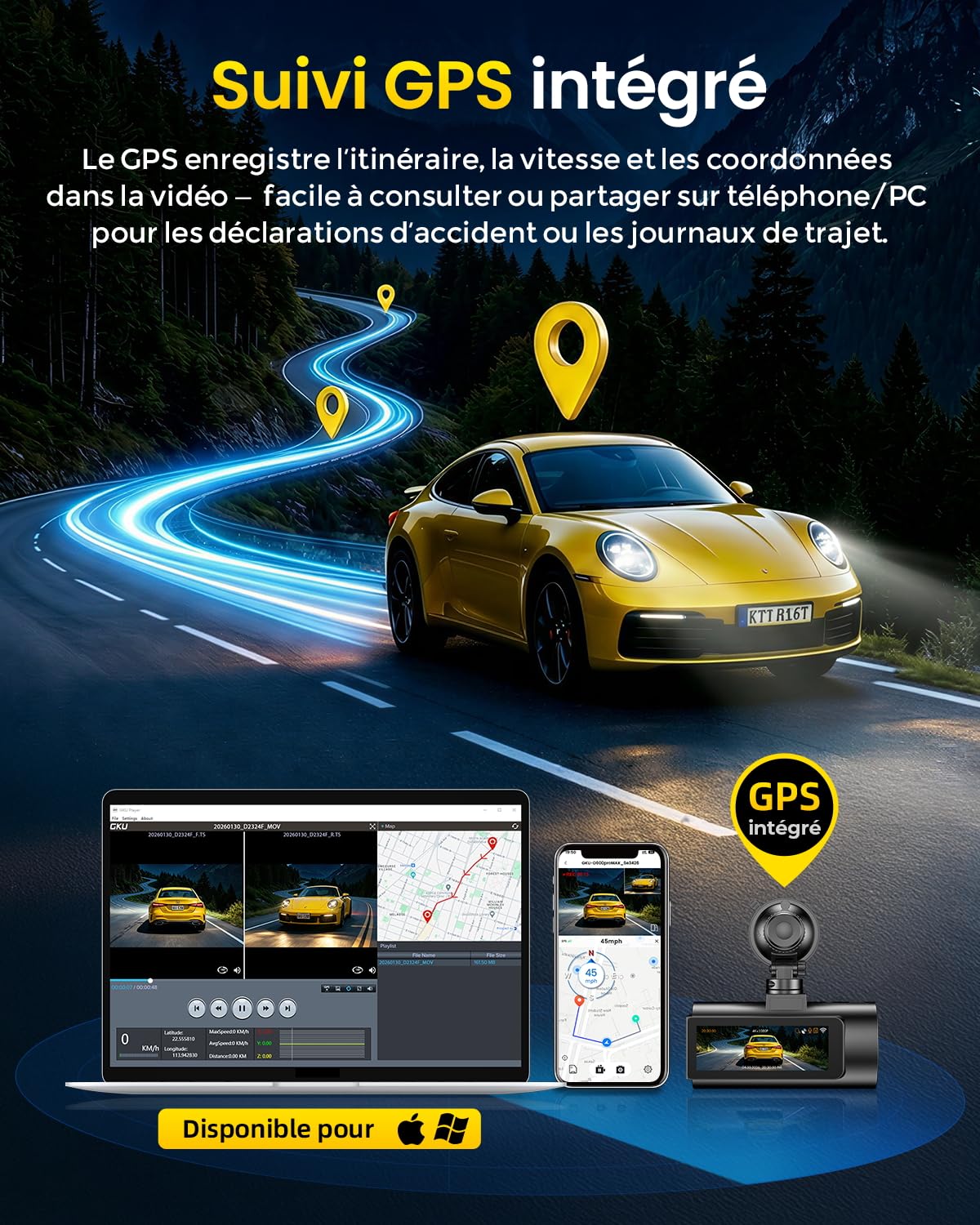 GKU Caméra de Tableau de Bord de Voiture Avant et arrière 4K avec STARVIS 2, écran IPS 3", WiFi 6, GPS, Enregistrement en Boucle, préenregistrement en Collision, Prend en Charge 512 Go Maximum