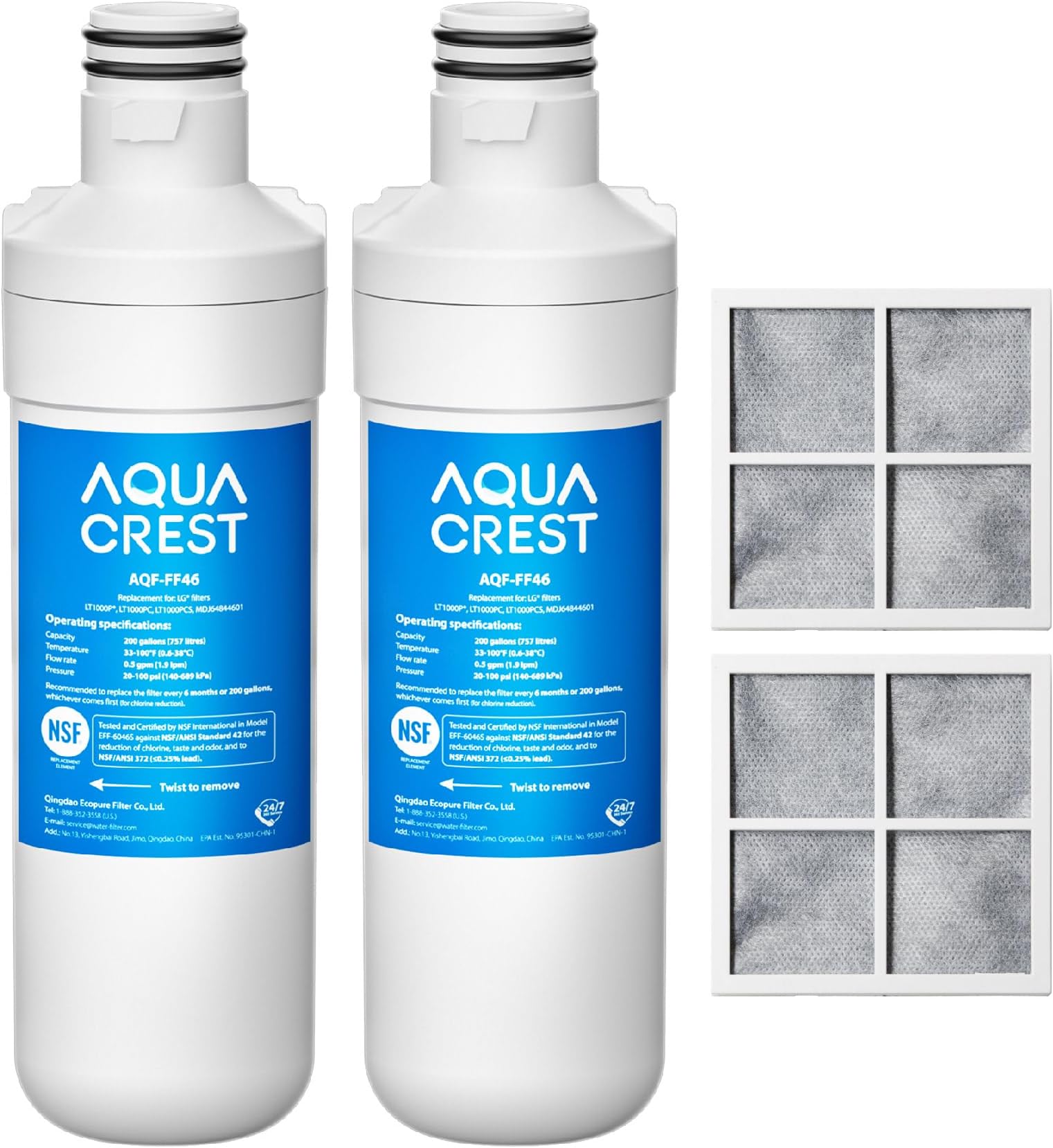 AQUA CREST LT1000PC ADQ747935 Refrigerator Water Filter and Air Filter, Replacement for LG® LT1000P®/PC/PCS, LMXS28626S, LFXS26973S, MDJ64844601, ADQ74793501, ADQ74793502 and LT120F®, 2 Combo