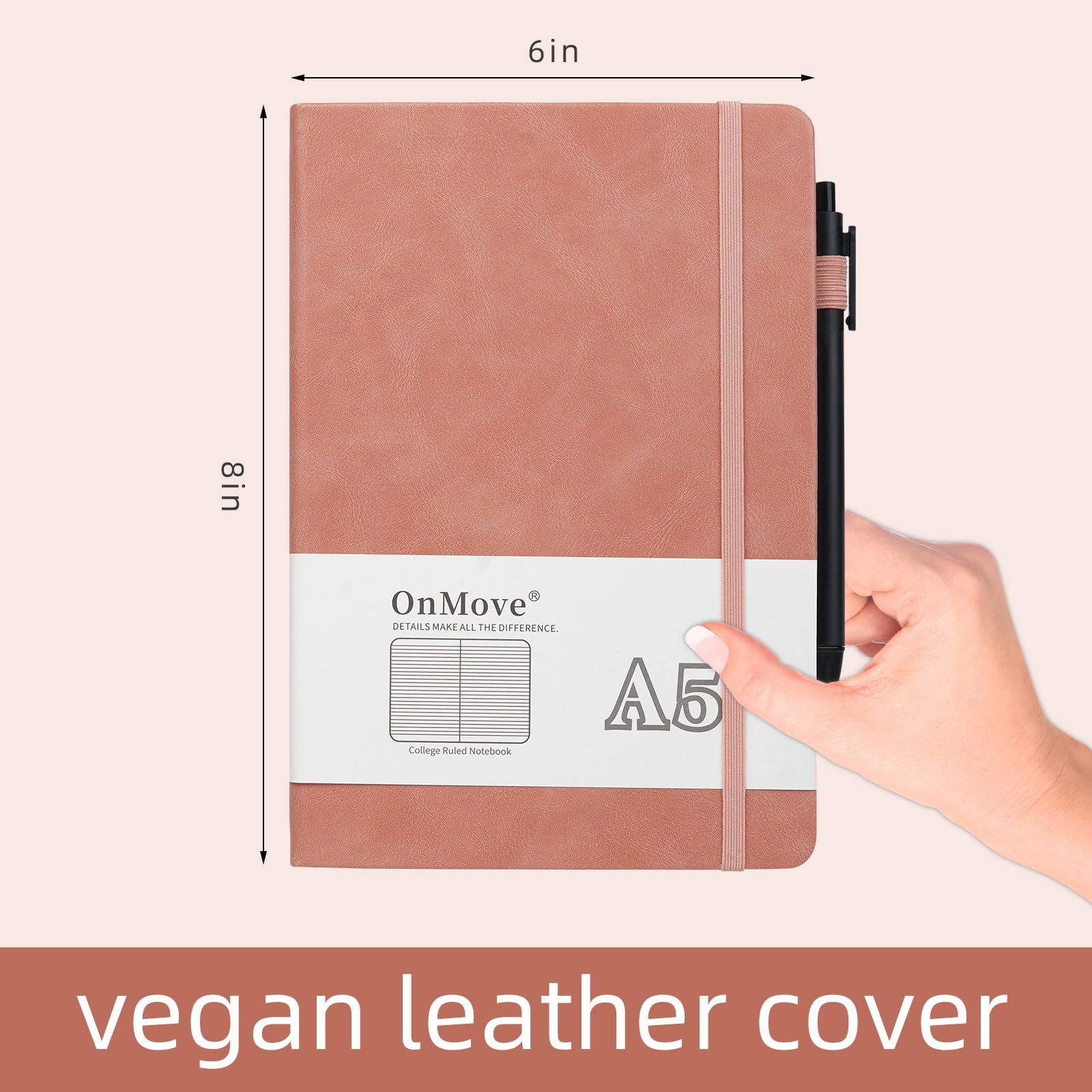 OnMove Cuadernos para mujeres y hombres, paquete de 12 cuadernos de tapa dura de cuero con soporte para bolígrafo, A5, 200 páginas, papel grueso de 100 g/m², para el trabajo y la escuela, con forro