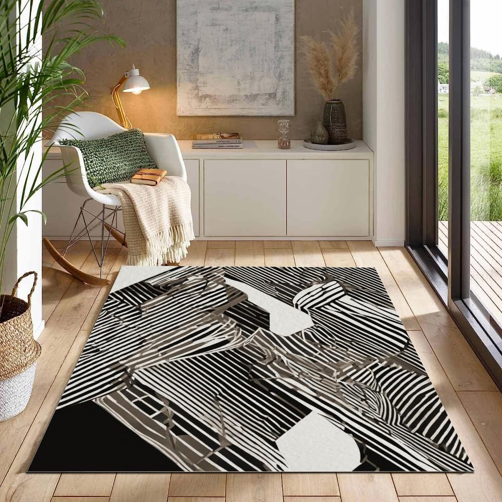 Teppich mit abstraktem Kunst- und ästhetischem Kunstdesign, moderner, stilvoller, asymmetrischer, schwarz-weiß gestreifter Wohnzimmerteppich, weicher Schlafzimmerteppich mit niedrigem Flor 90x150cm