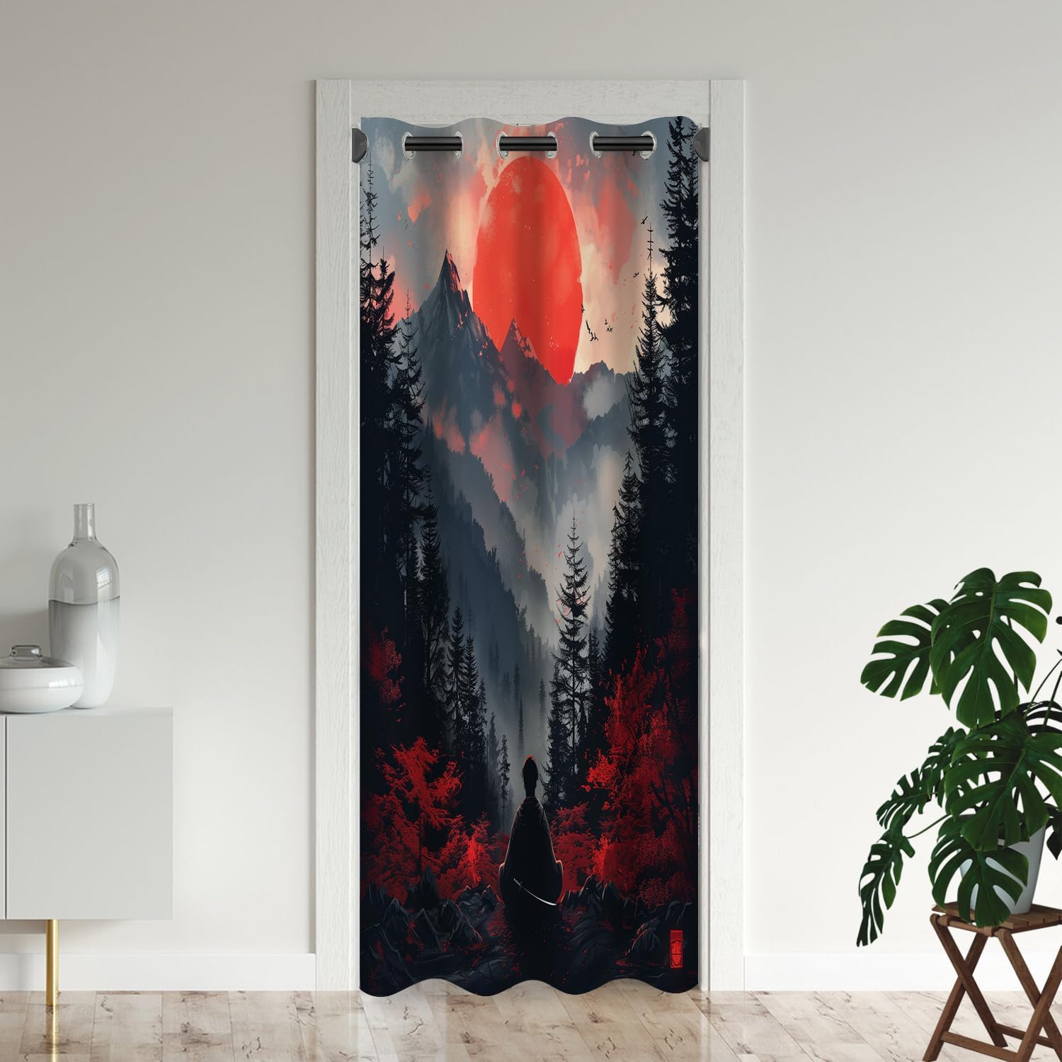 Japanese Samurai Door Curtains for Doorways, Red Trees Mountains Anime Blackout Curtain for Kids Bedroom Closet, Grommet Thermal Insulated Privacy Door Drapes for Room Divider, 34"W x 80"L
