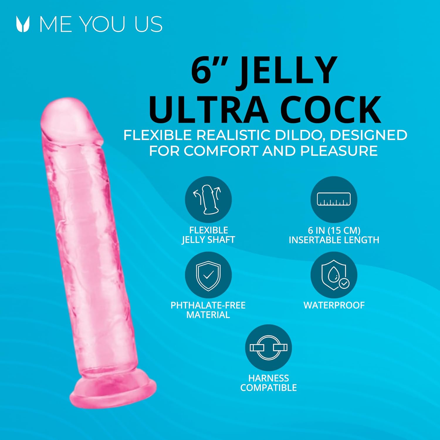 Me You Us Ultra Cock Jelly Dong Pink 6 Inch – Realistic Flexible Dildo with Curved Shaft, Soft Jelly Feel, Flared Base, Harness Compatible Beginner Friendly Penetration Toy for Solo or Couples Play