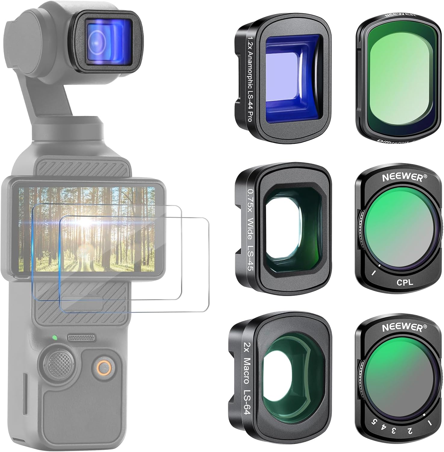 NEEWER 3 Pack ND Filter Set (Variable ND2-32, CPL, 1/4 Black Diffusion) & 0.75X Wide Angle Lens, 2X Macro Lens, 1.2X Blue Anamorphic Lens, Screen Protectors Compatible with DJI Osmo Pocket 3, FL-B28