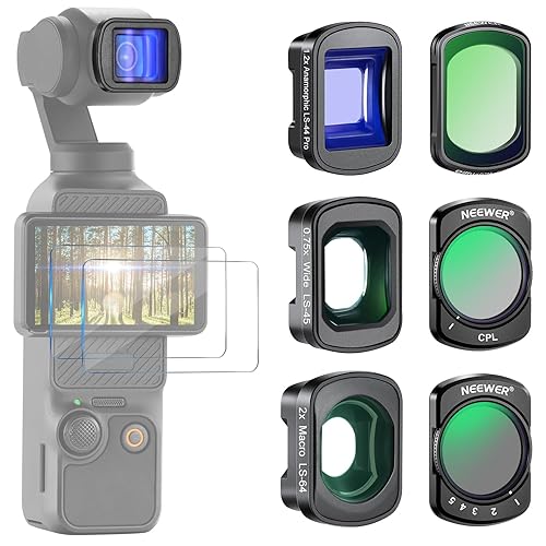 NEEWER 3 Pack ND Filter Set (Variable ND2-32, CPL, 1/4 Black Diffusion) & 0.75X Wide Angle Lens, 2X Macro Lens, 1.2X Blue Anamorphic Lens, Screen Protectors Compatible with DJI Osmo Pocket 3, FL-B28 - 0.75X Wide Angle&ND2-32/CPL/Black Diffusion