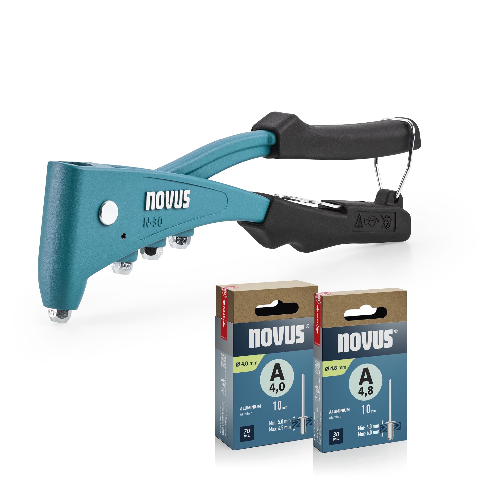 NOVUS TOOLS Blindnietzange N-30 Set mit 100 Blindnieten, ergonomische Profi-Nietzange mit 1-Hand-Bedienung und Griffverriegelung, Universal Nietenzange für Aluminium- und Stahlnieten