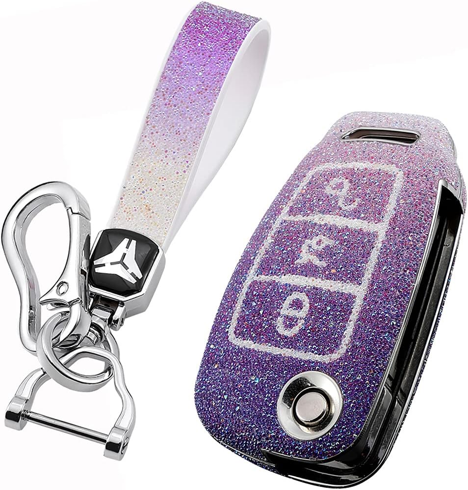 SANRILY Gradient Black Shining Rhinestone Flip Key Cover for Audi A4 A3 A6 A5 Q3 Q7 A1 TT S3 R8 Keyless Entry Bling Key Holder Case with Key Chains