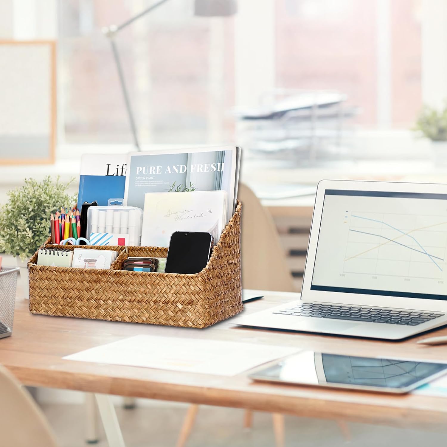 BTSKY Woven Storage Basket Natural Seagrass Vertical Wicker Storage Baskets with 4 Compartments Desk Organizers and Storage Magazine File Holder Home Office Supplies Sorter Rack, Caramel