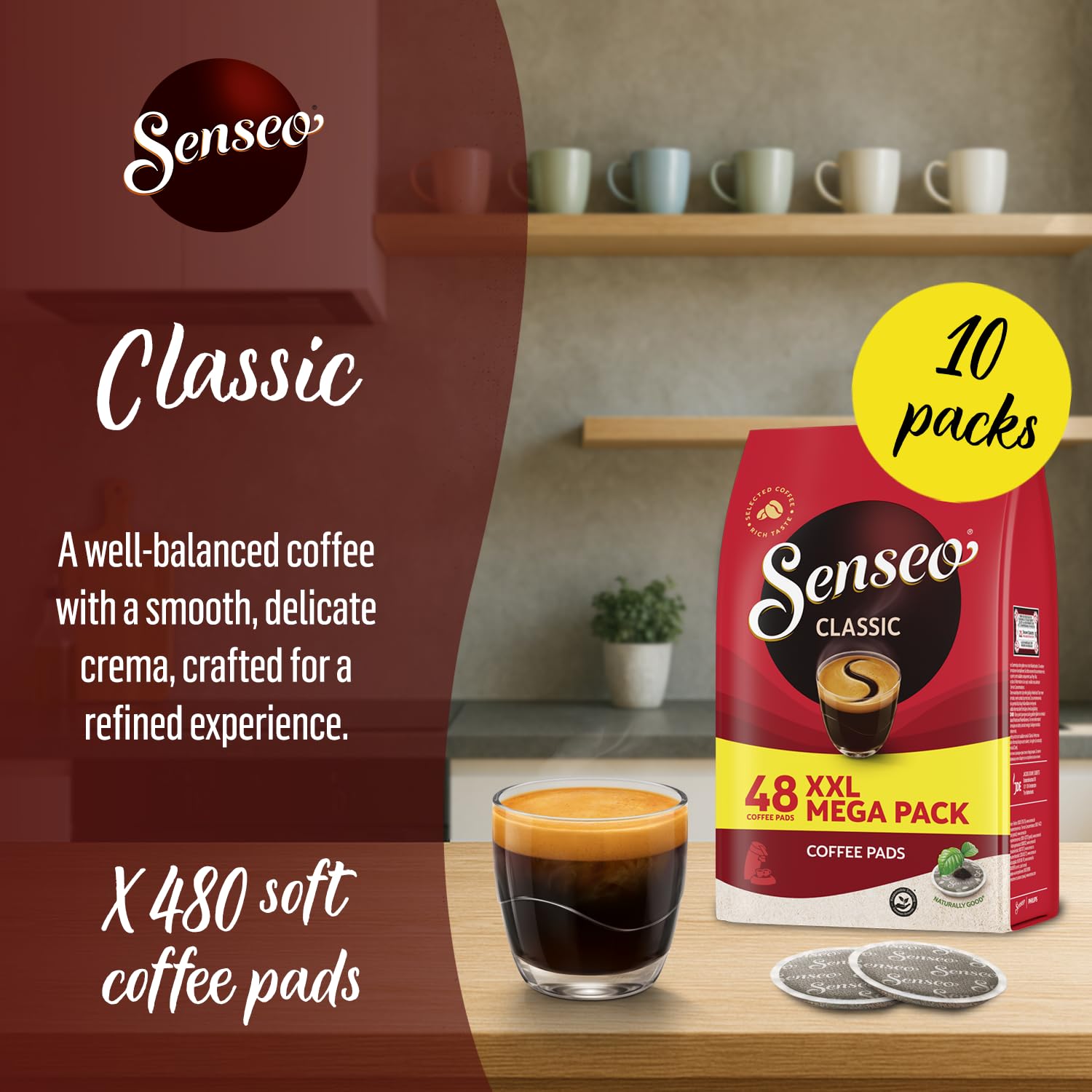 Senseo Pads Classic, 480 Kaffeepads (nur für kurze Zeit) Megapack XXL, 10er Pack (10 x 48 Getränke)