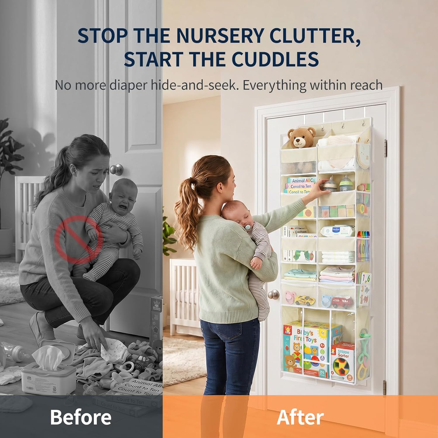 Yecaye Over the Door Organizer 5-Shelf, Behind the Door Storage 80lbs Capacity with Extra Large Pocket, Back of Door Organizer and Storage for Baby Nursery Bedroom Dorm Bathroom RV, Beige