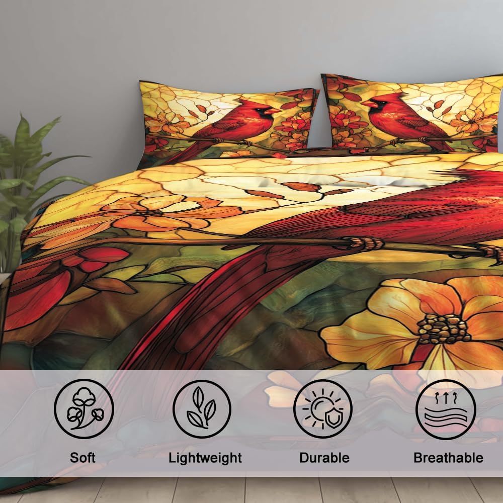 Stained Glass Style Cardinal Bedding Set - Twin Full Queen King Size - Ultra Soft Lightweight Bird Quilt for All Seasons - Holiday Microfiber Xmas Bedroom Decor - Cardinal Gifts