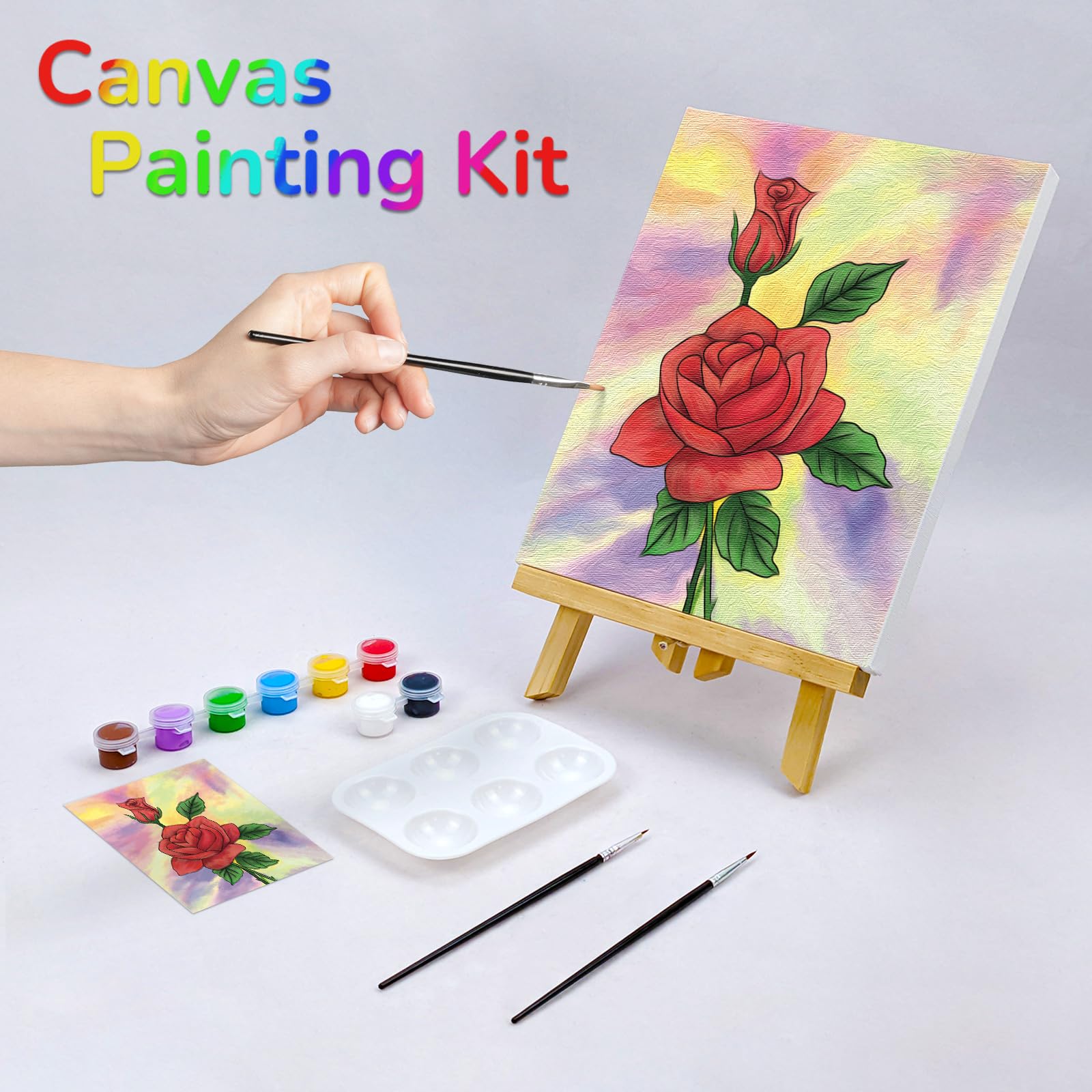 VOCHIC Paint and Sip Kit, Rose Pre Drawn Canvas Painting Kit for Adults Kid Painting Twist Party Supplies for Beginner Gift Favor, 8 Acrylic Colors, 3 Brushes,1 Pallet,1 Image Art Craft Set(8x10)