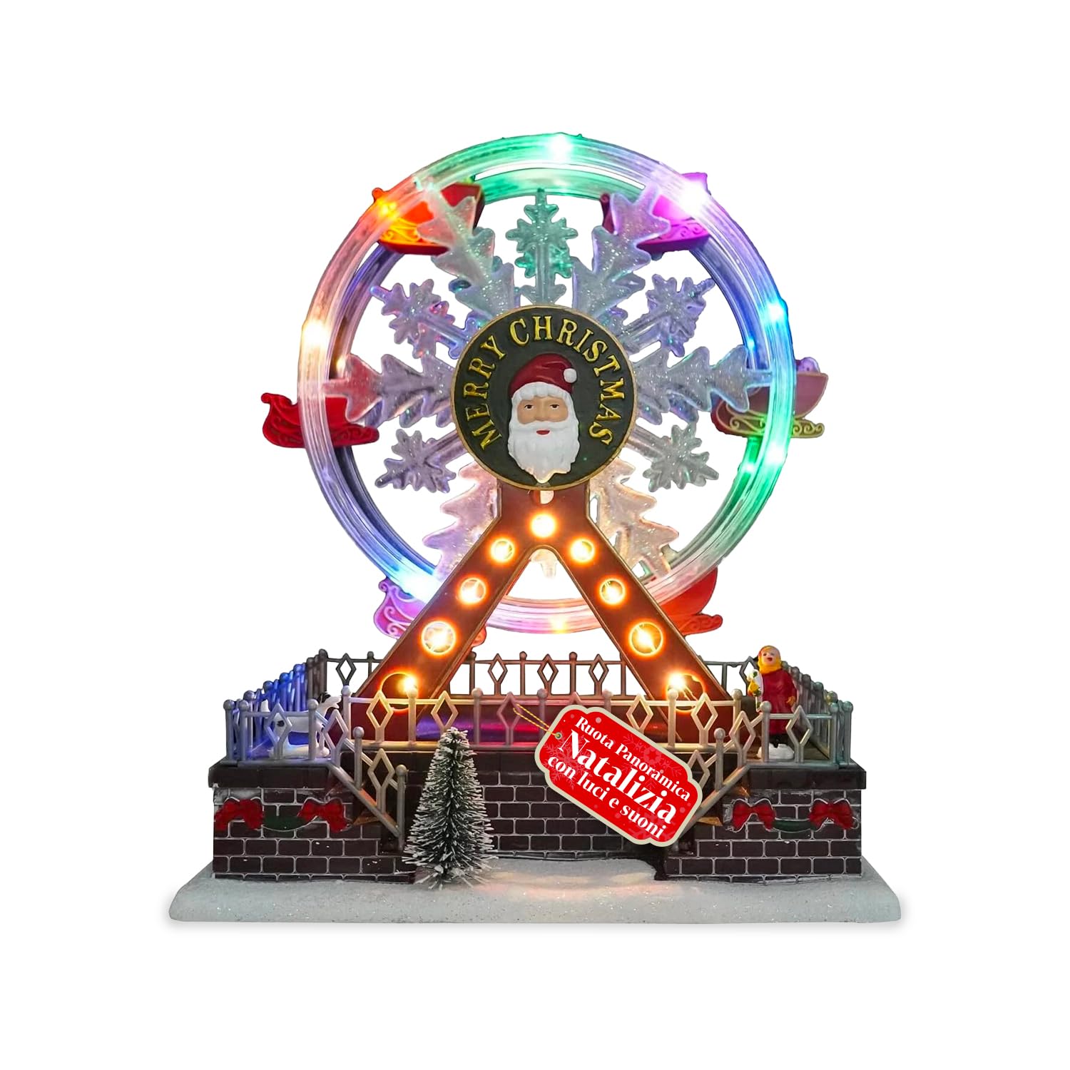Avilia – Roue panoramique animée Joywheel Carrousel de Noël avec lumières LED colorées et musiques, décoration Peinte à la Main à Batterie pour Maison, Table ou Cadeau Festif Unique