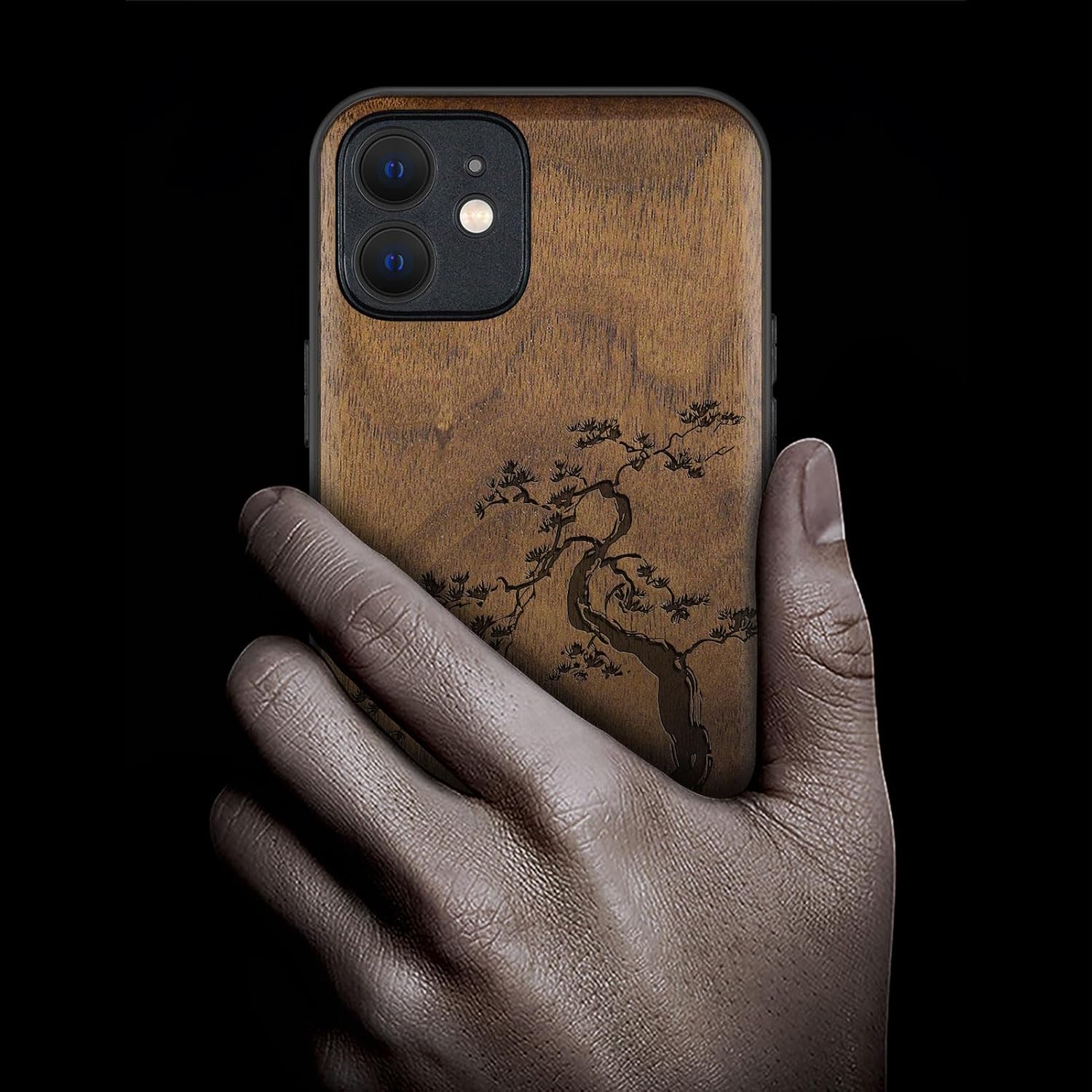 Carveit Magnetic Wood Case for iPhone 12 Case [Natural Wood & Black Soft TPU] Shockproof Protective Unique Wooden Cover Compatible with MagSafe (Majestic Pine Tree -Walnut)