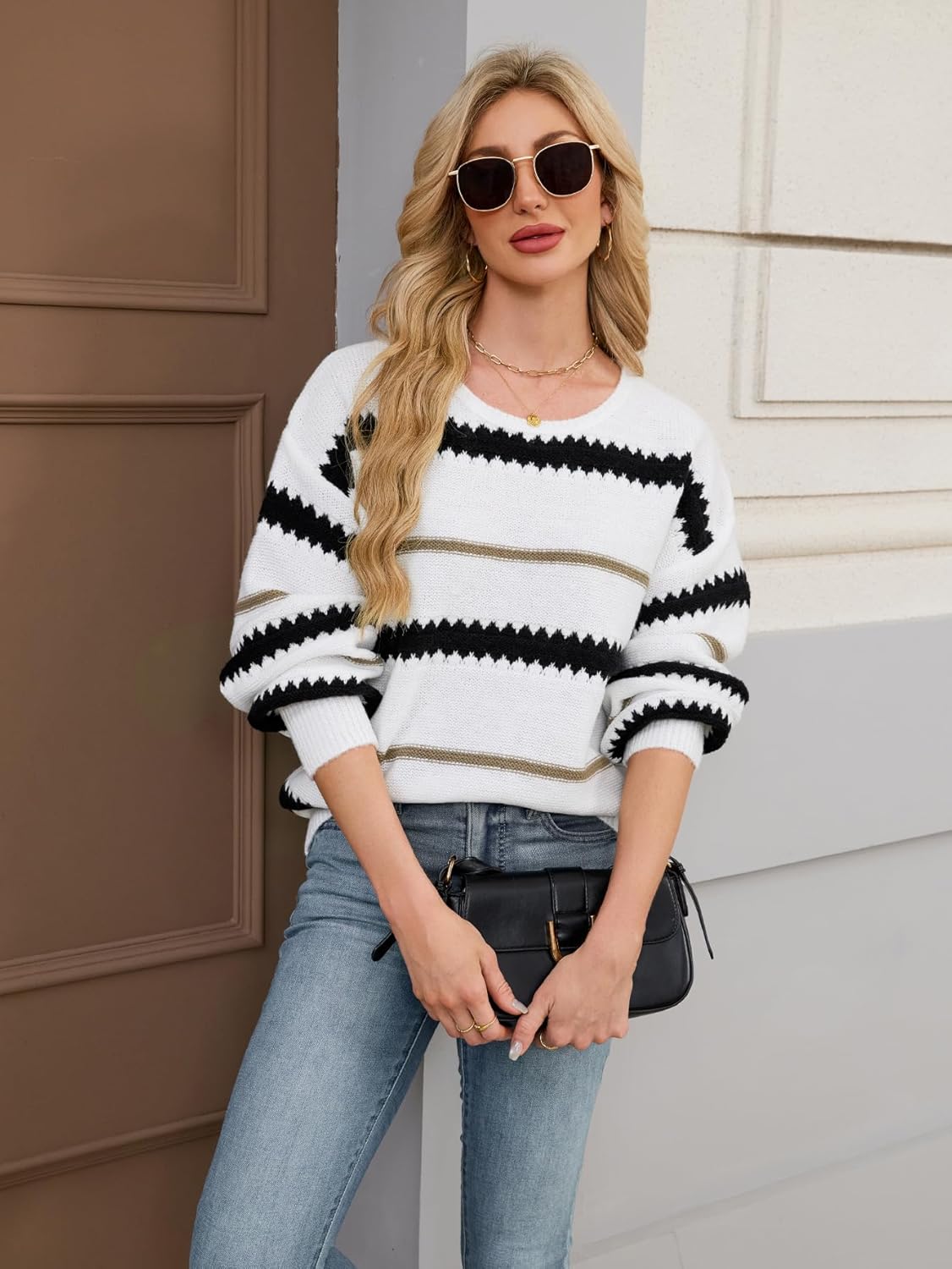 Womens Oversized Cute Striped Sweater Fall Winter Casual Chunky Knit Crewneck Color Block Long Sleeve Pullover Tops - Image 5
