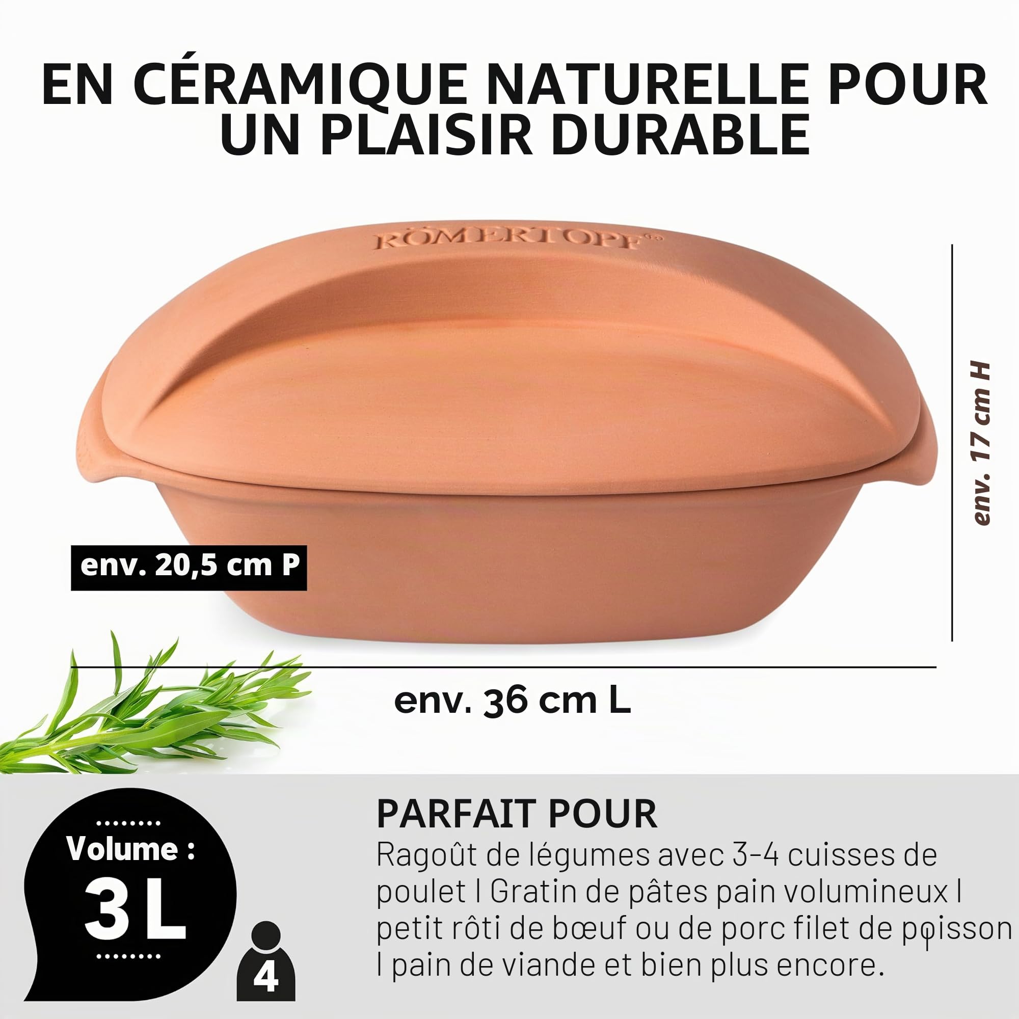 Römertopf CULINARIO Cocotte pour 4 personnes – Cocotte de 3 litres avec couvercle en céramique – Pour mijoter, rôtir et cuire à la vapeur – Passe au four