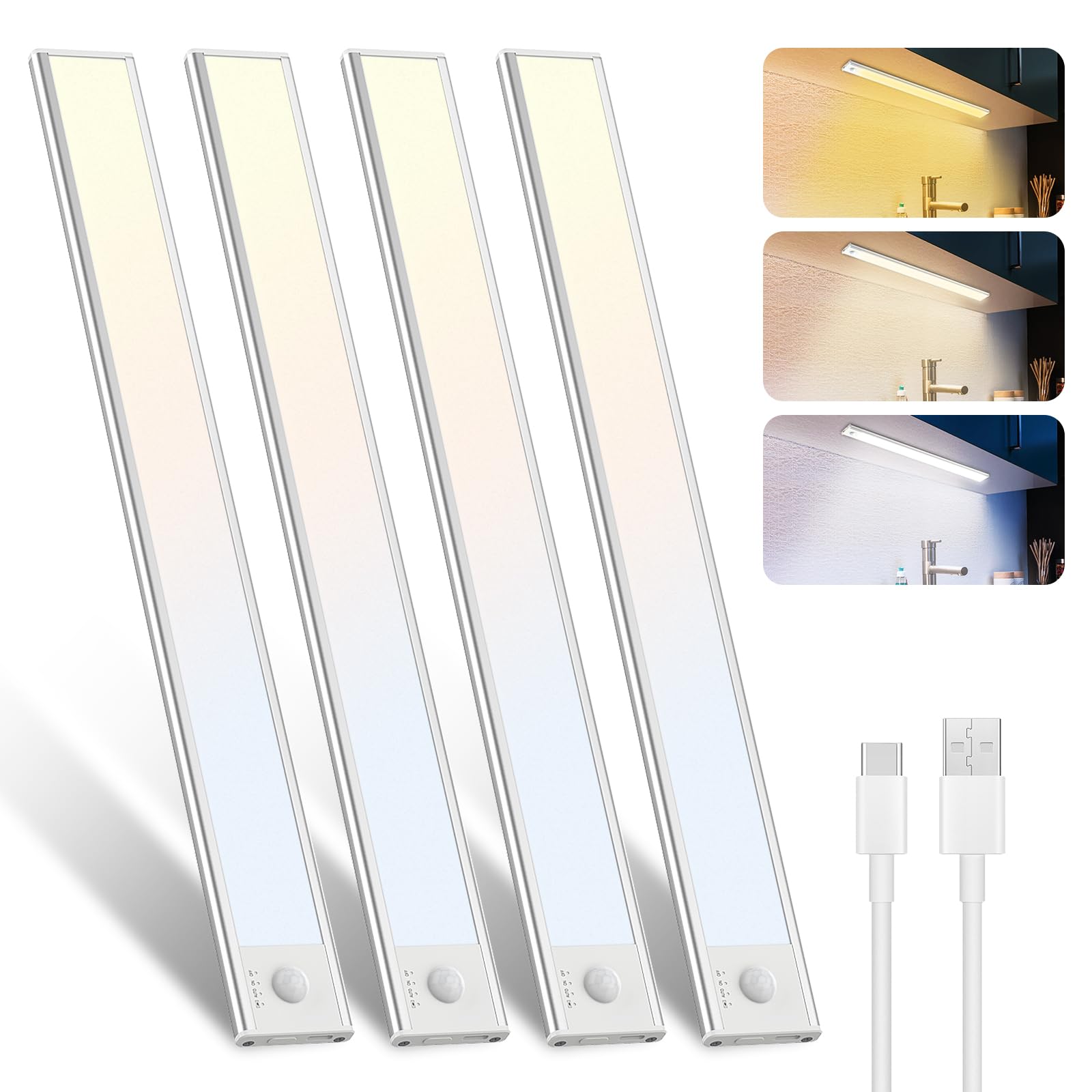 libtit 30CM Unterbauleuchte Küche Led, Dimmbar Schrankbeleuchtung mit Bewegungsmelder, 3000K-4000K-6500K Farbmodi, Hell USB Aufladbar Lichtleiste für Schrank Treppe Flur, 4Stück