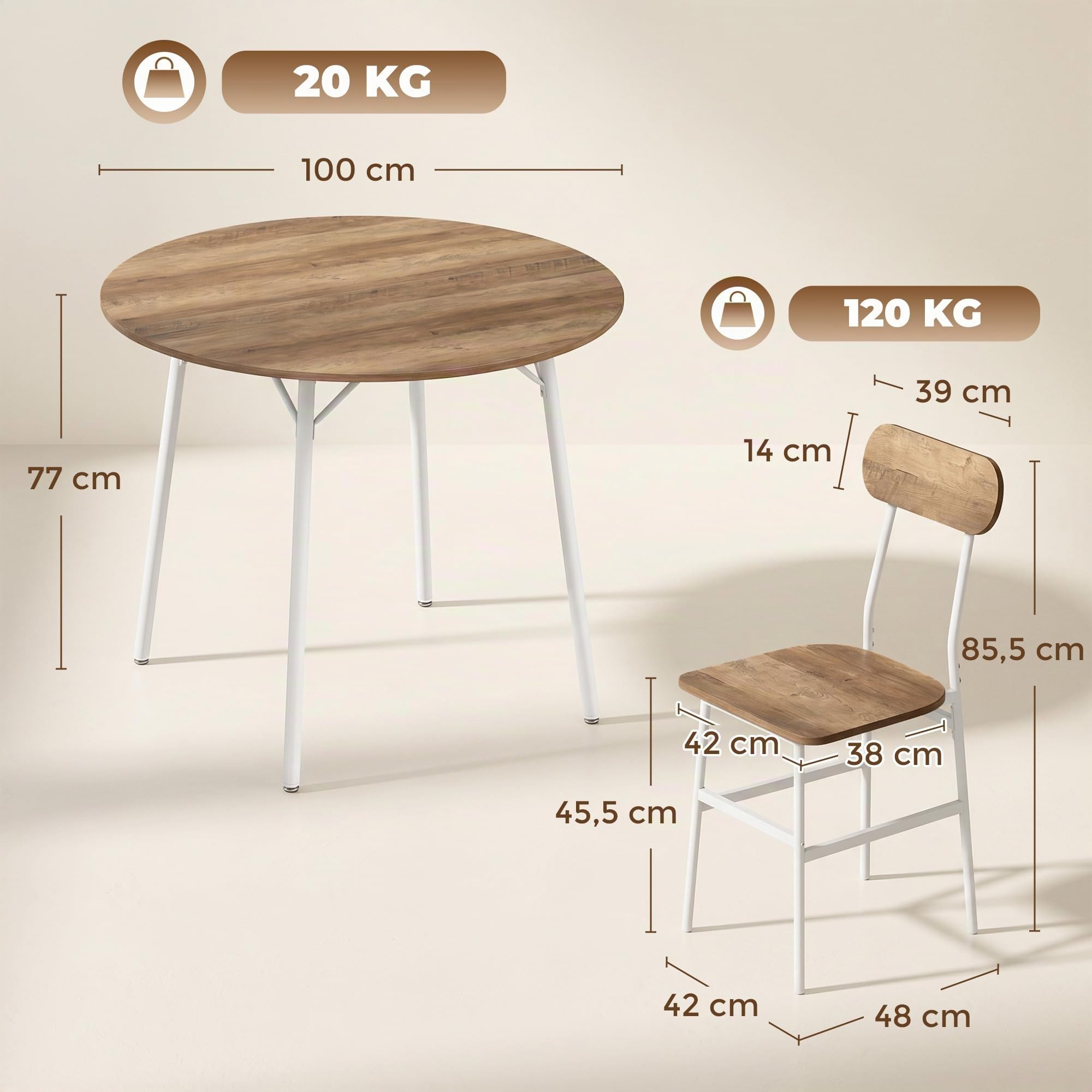 HOMCOM Juego de Mesa y Sillas de Comedor Compact de 5 Piezas Natural Blanco | Mesa de Cocina Redonda con 4 Sillas, Estilo Industrial, Marco Metálico, para Espacios Pequeños, Salón