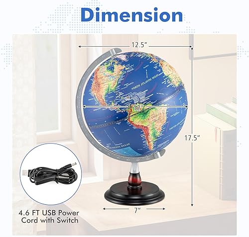 Miniatura 6 de Goplus Globo del mundo iluminado de 12 pulgadas, lámpara de noche giratoria antigua con soporte de madera, decoración de escritorio educativa de
