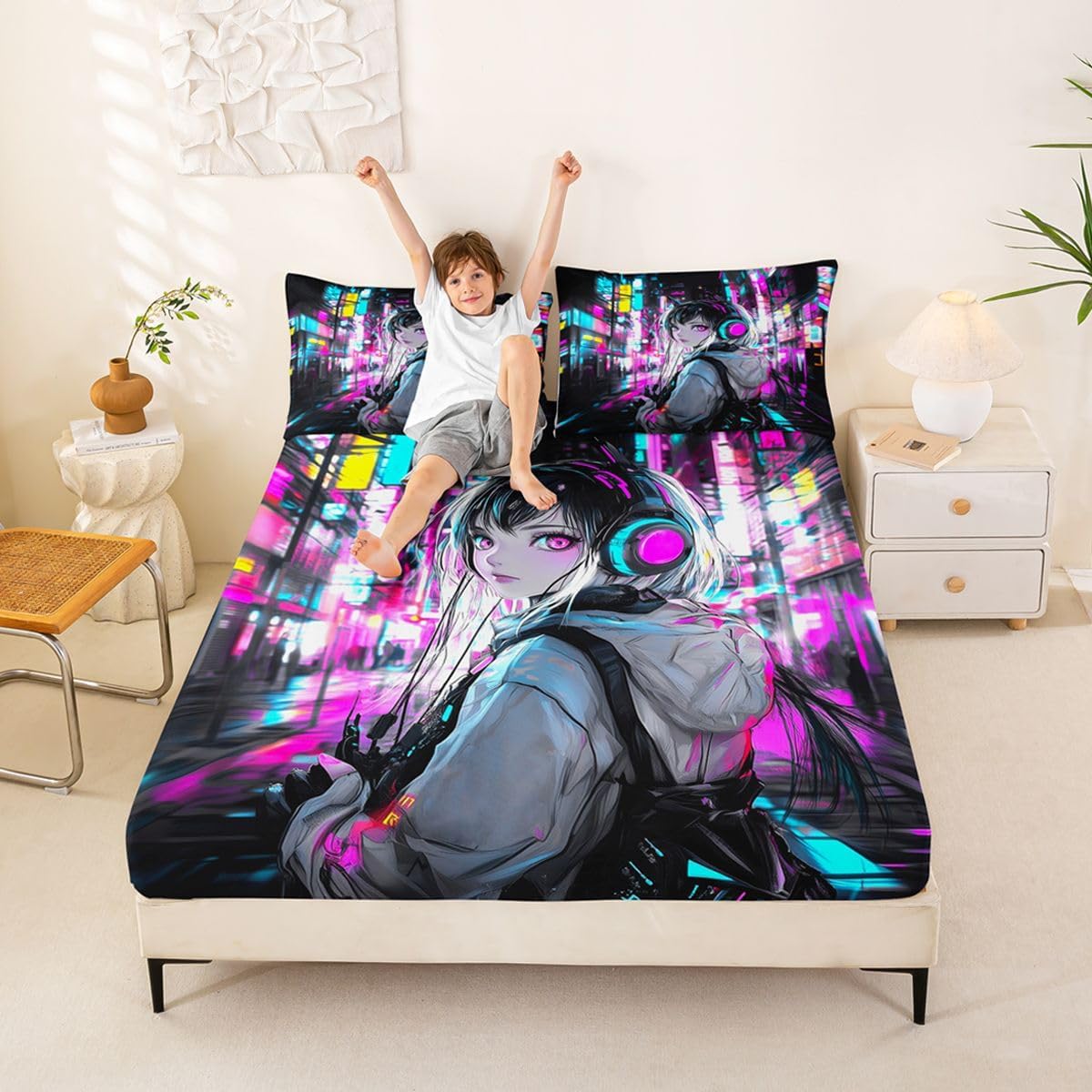Erosebridal Anime Girl Queen Bed Sheets Set,Japanese Style 3D Anime Bedding Set for Kids Girls Boys Room Decor,Sci Fi Style Gaming Sheets Hot Pink Colorful Fitted Sheet Set 4Pcs image 4