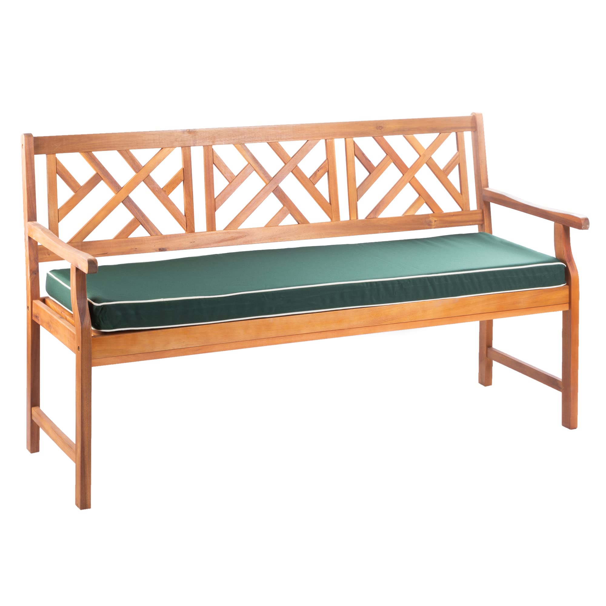 Alfresia Wooden Garden Bench – 3-Seater Acacia Hardwood Bench with Luxury Cushion Included, Outdoor Seat for 3 People, Water-Resistant, Sleek Slatted Design Seat, Traditional Style, Durable (Green)