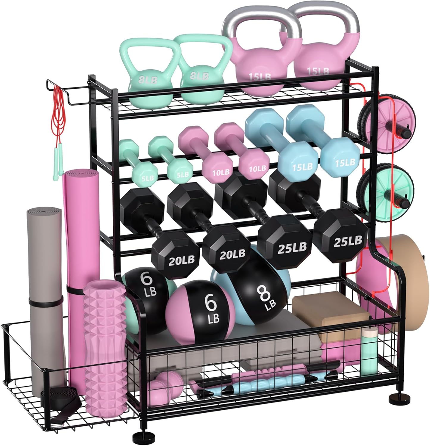 Garvee Dumbbell Rack, Weight Rack for Home Gym, Weight Rack for Dumbbells with Hooks, Home Gym Storage Rack for Yoga Mat Kettlebells and Strength Training Equipment, Powder Coated Finish Steel