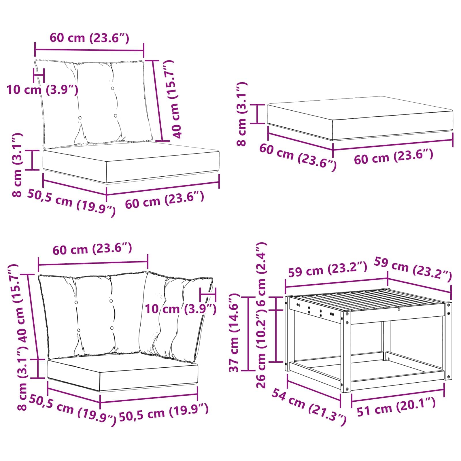 Outdoor-Sofagarnitur 7-teilig mit Kissen aus massivem Akazienholz und Textilene, natürlich und schwarz, Gartensofa mit Tisch, Hocker, Sitzgruppe für Terrasse, Pool und Garten