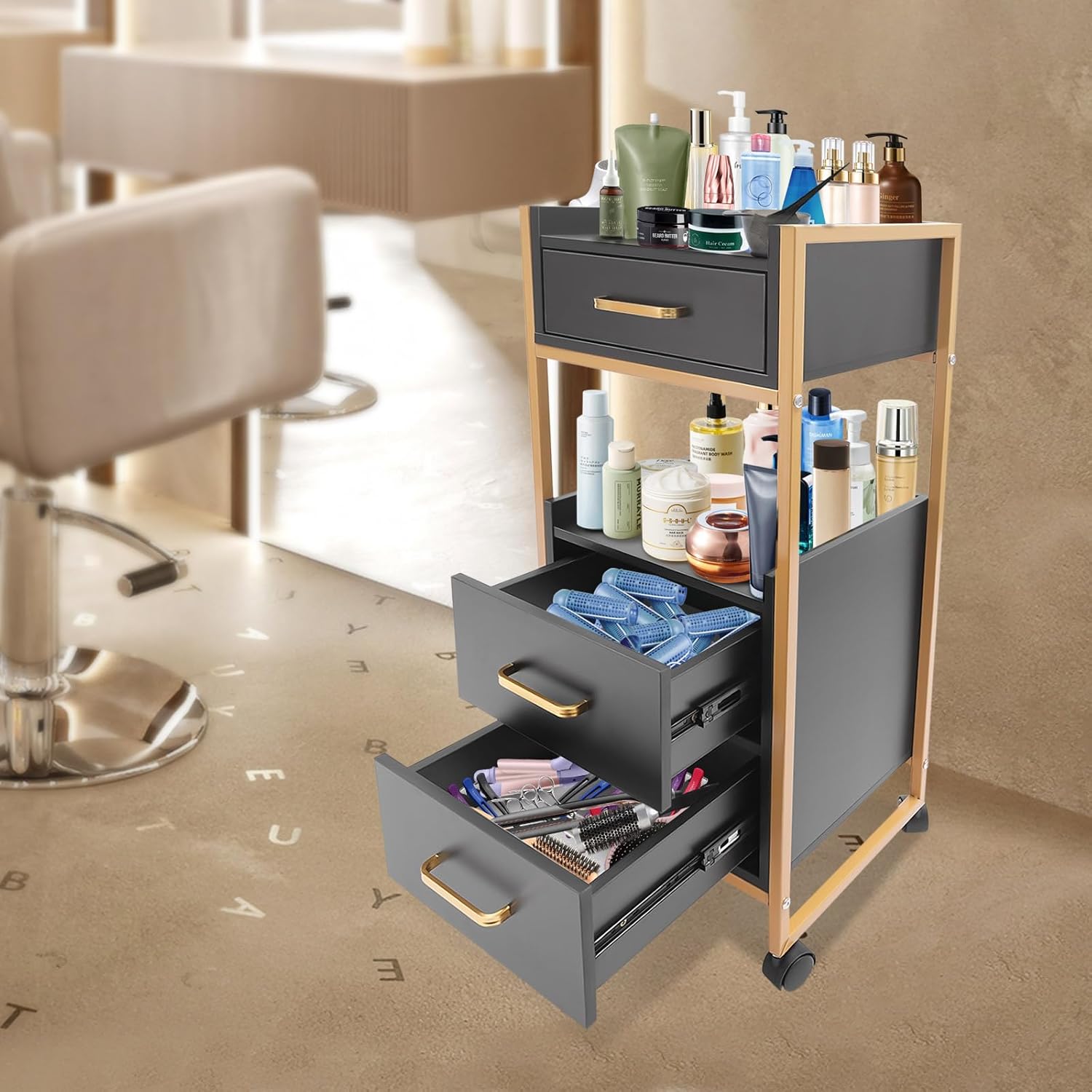 Salon Storage Cabinet, Salon Cart Barber Trolley, Barber Shop Tool Cabinet with Wheels, Salon Storage Trolley, for Spas, Locker Room, Barber Store, Nail Salon, Massage Parlor, Beauty Salon (Black)