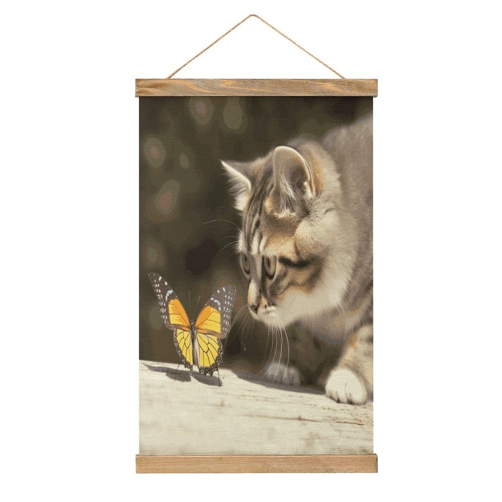 JTREHY Cat And Butterfly Linen Hanging Painting Vintage Poster Wall Art Prints Personality Style Wall Hanging Poster for Living Room Office Bedroom Decor Frame 13.2 X 20.47 Inch