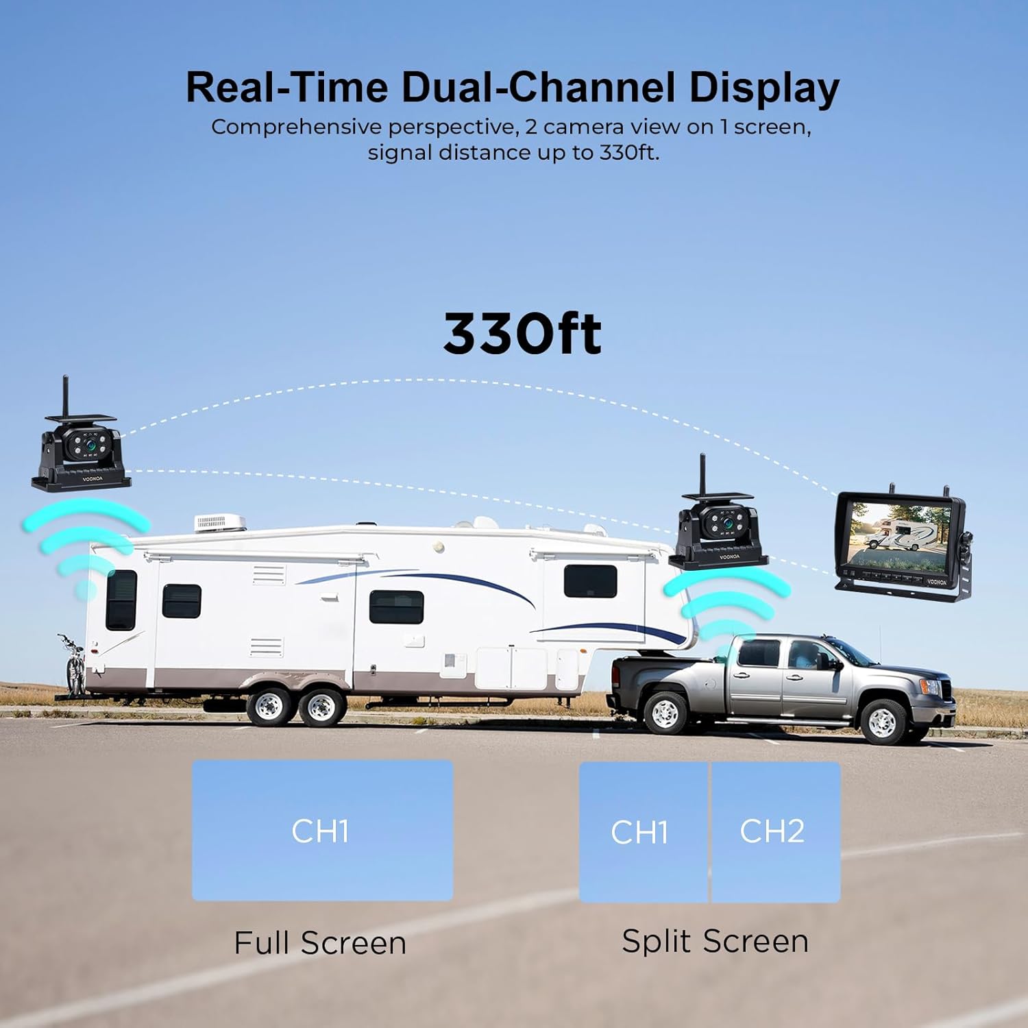 2 Magnetic Wireless Backup Camera with 7'' HD 1080P DVR Monitor System, 15000mAh Rechargeable Waterproof Dual Solar Reverse Camera for Hitch Towing Car Trailer Truck RV VN007