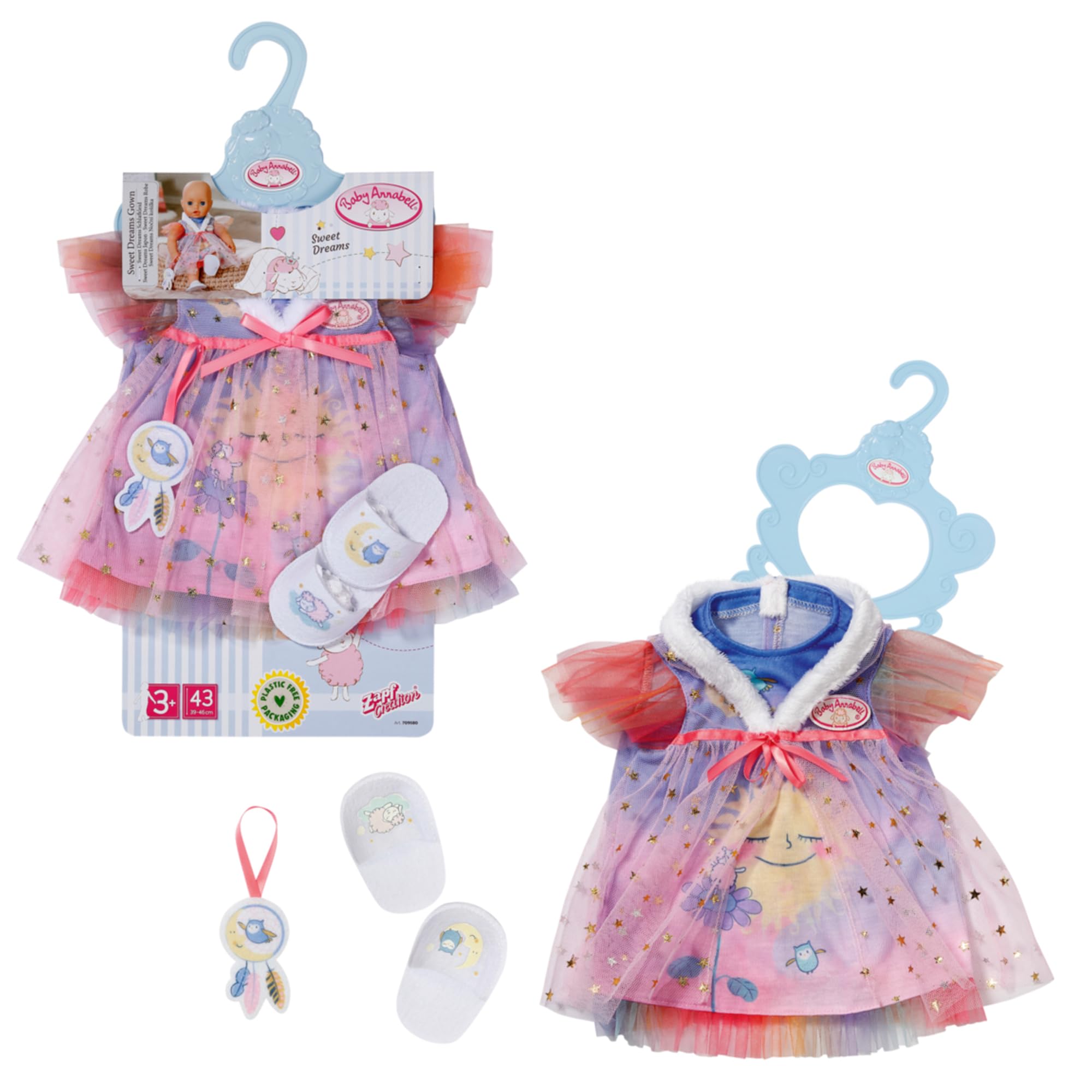 Baby Annabell Sweet Dreams Nachthemd 43cm, Puppennachthemd mit Plüschkragen, Hausschuhen und Traumfänger, für 43 cm Puppen, 709580 Zapf Creation