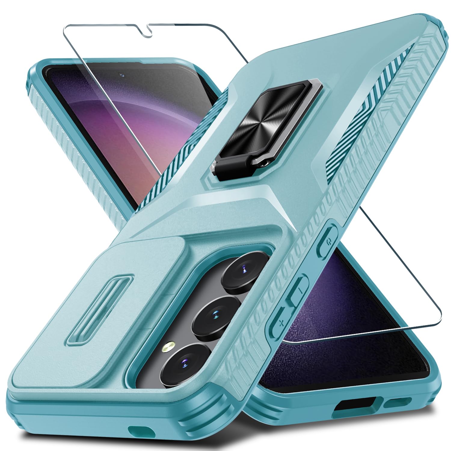 for Samsung Galaxy S24+ Plus Case with Tempered Glass Screen Protector and Camera Lens Cover,Rotated Ring Stable Kickstand,Heavy Duty Shockproof Protective Phone Cover-Mint Green