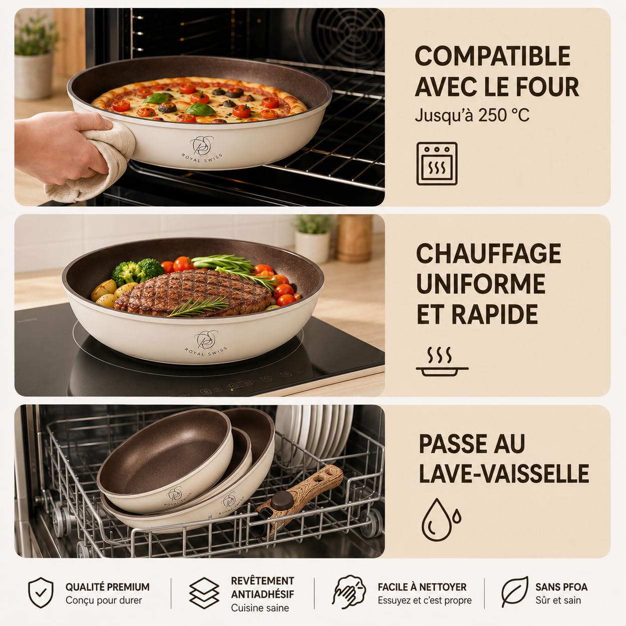 Royal Swiss Lot de Poêles 4 Pièces Beige, 20/24/28 cm avec Manche Amovible, Revêtement Marbre Antiadhésif Sans PFAS PFOA, Induction Tous Feux, Compatible Four Sans Poignéec