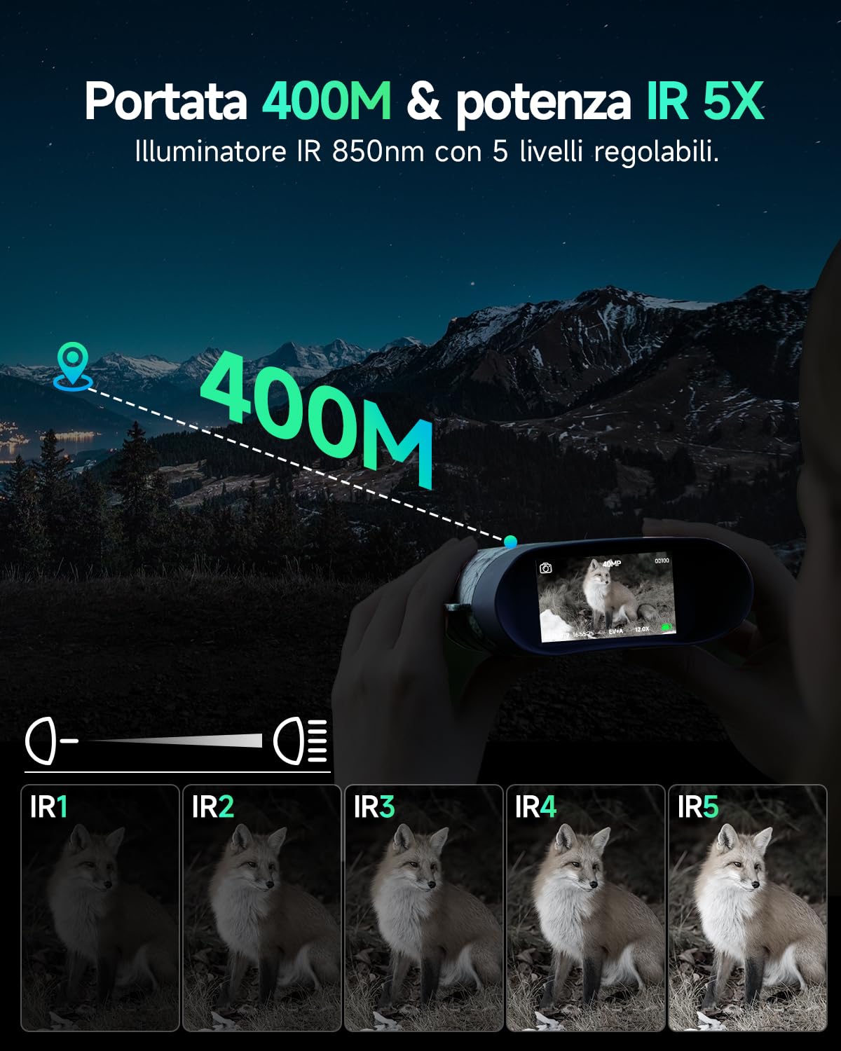 Rollei NightVision 400 4K, binocolo da 40 MP, con visione notturna, militare, zoom digitale, 32 GB, scheda SD, 400 m, fotocamera a infrarossi con torcia da 5000 mAh, visione notturna, binocolo per