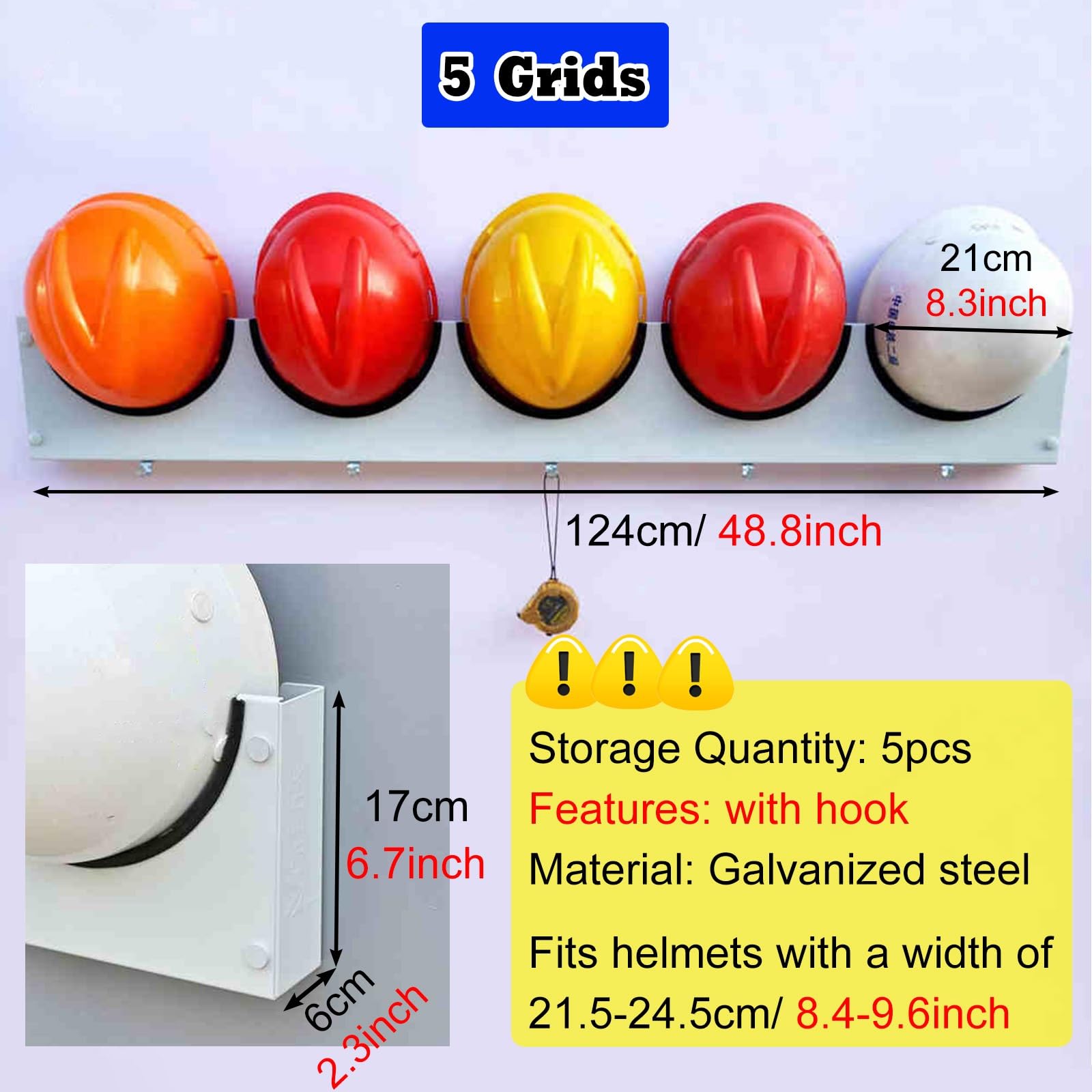 Muestras expositor montado en la pared para casco duro con ganchos, ganchos para sombreros duros para taller/estación de bomberos, casco de metal multifuncional para ahorrar espacio, 5 rejillas