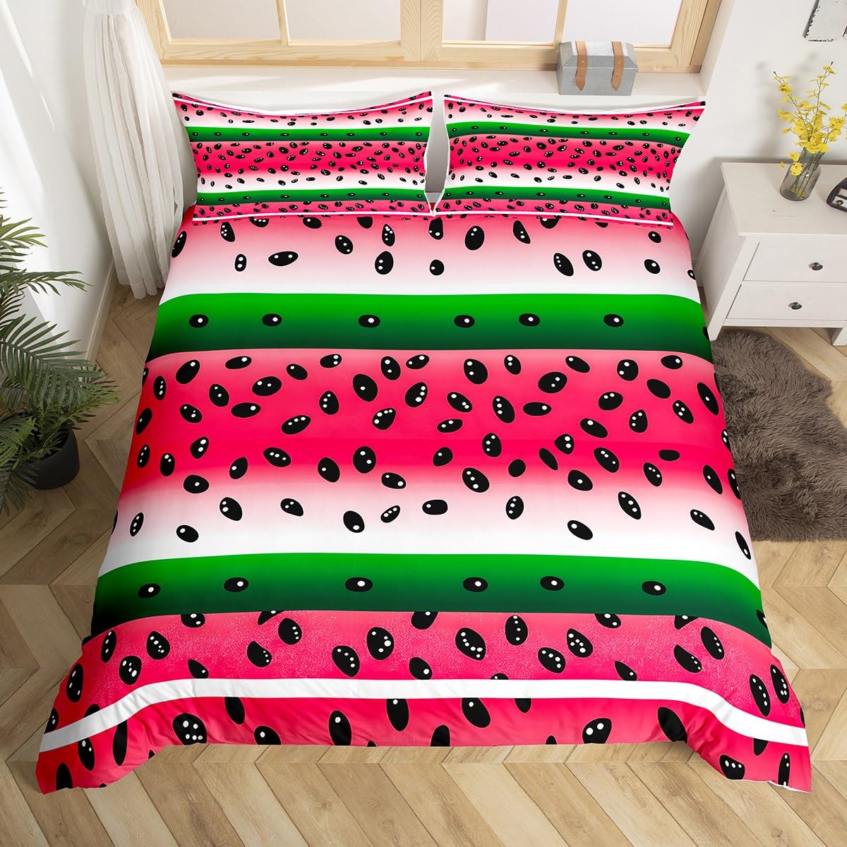 Homemissing Kids Watermelon Bedding Set Cot Size Summer Fruit Duvet Cover for Boys Girls Bedroom Decor Red Watermelon Tropical Fruit Cartoon Duvet Cover Soft With 1 Pillow Case 2Pcs โ image 1