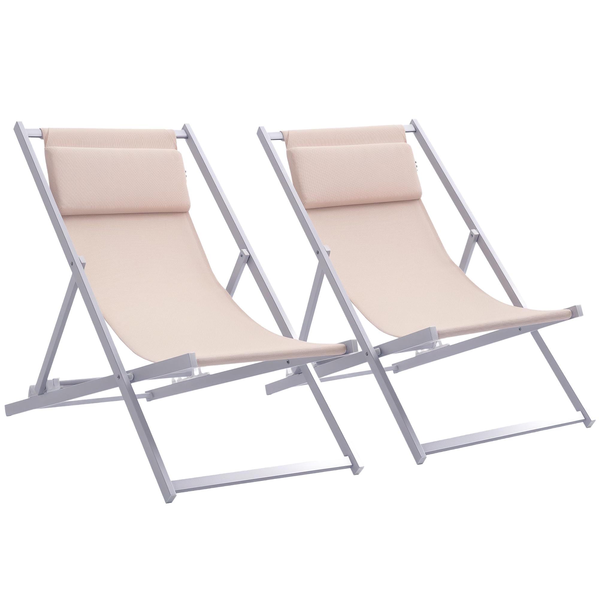 Outsunny Conjunto de 2 Tumbonas Plegables con Respaldo Regulable en 5 Posiciones y Reposacabezas Acolchado Incorporado 58x96,5x91,5 cm Beige